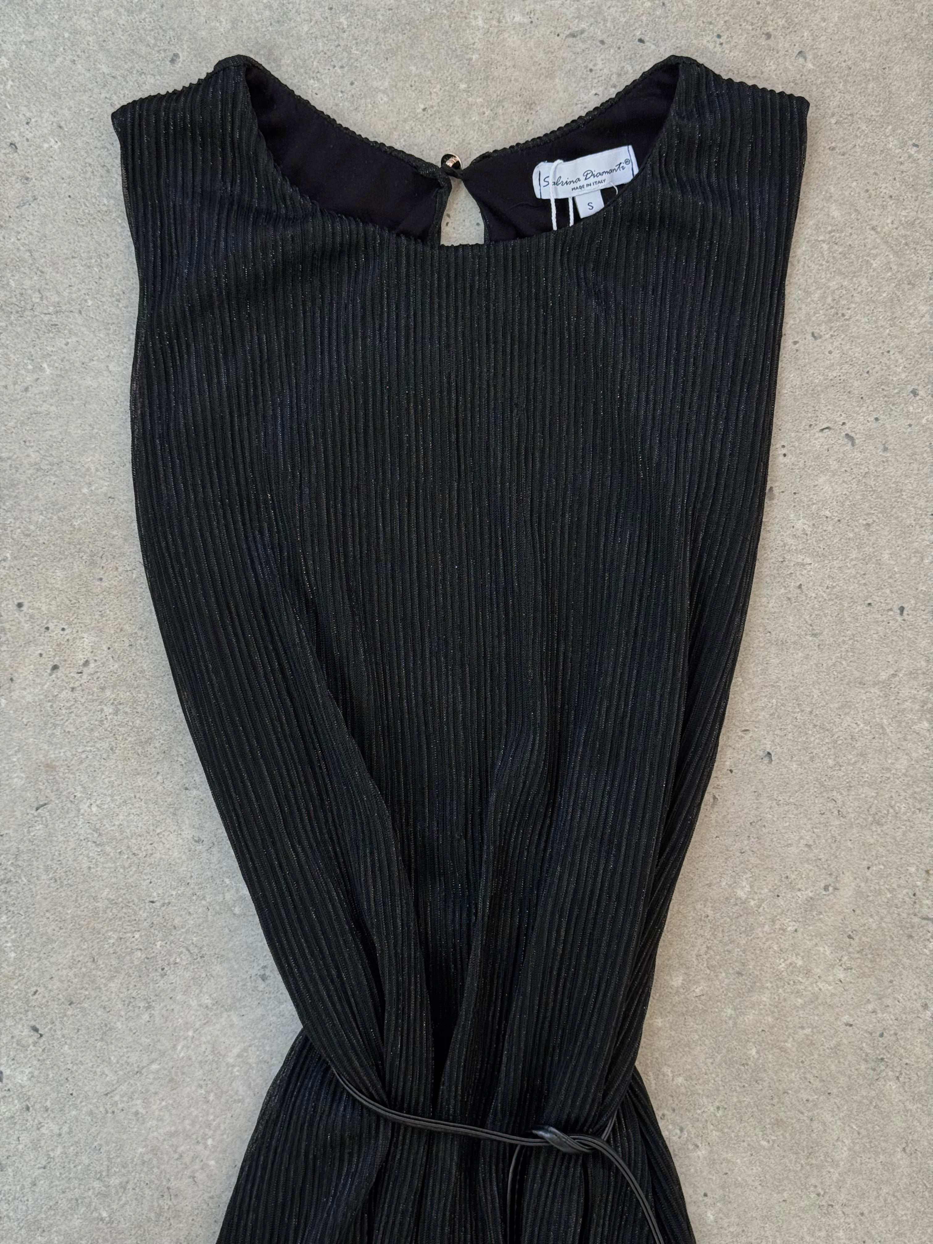 Vintage Italian 1990s ribbed metallic rope tie dress in size S, featuring a fitted silhouette and retro style.