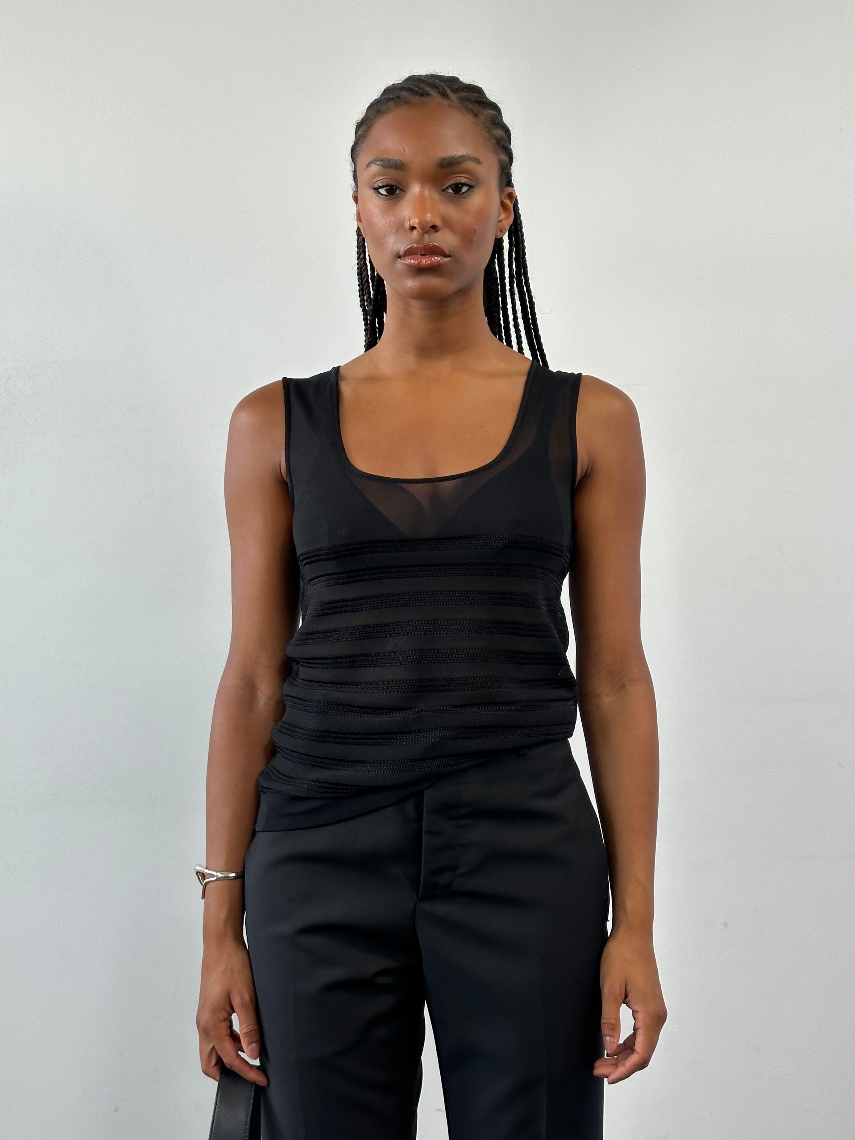 Giorgio Armani 2000s sheer ribbed vest top in size M, close-up of lightweight, textured fabric and fitted design.