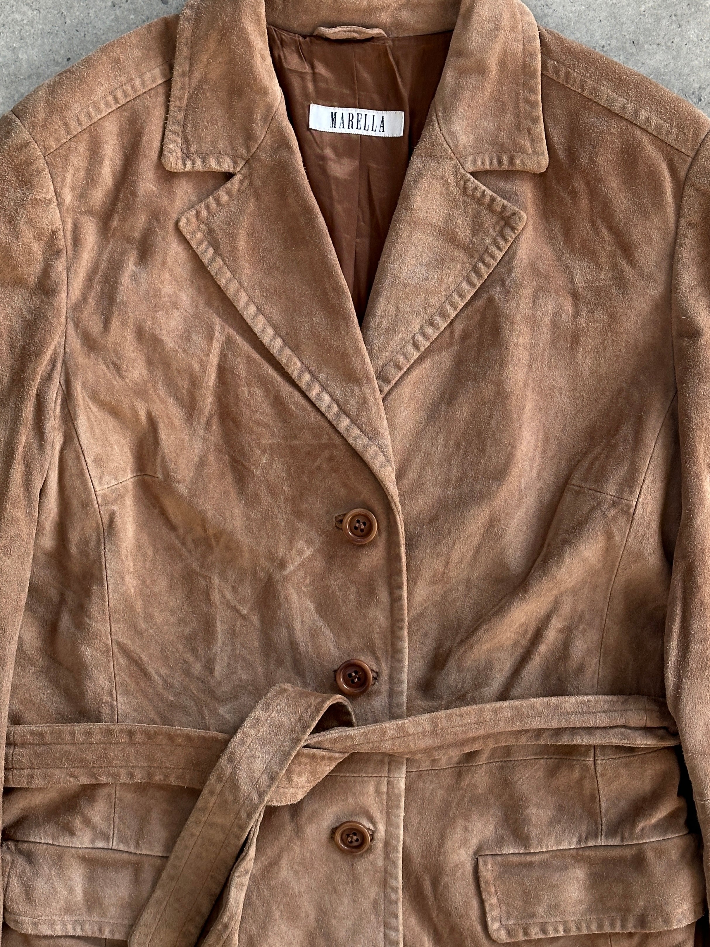 Marella suede belted jacket in size M, featuring a stylish design with a front belt and soft suede texture.