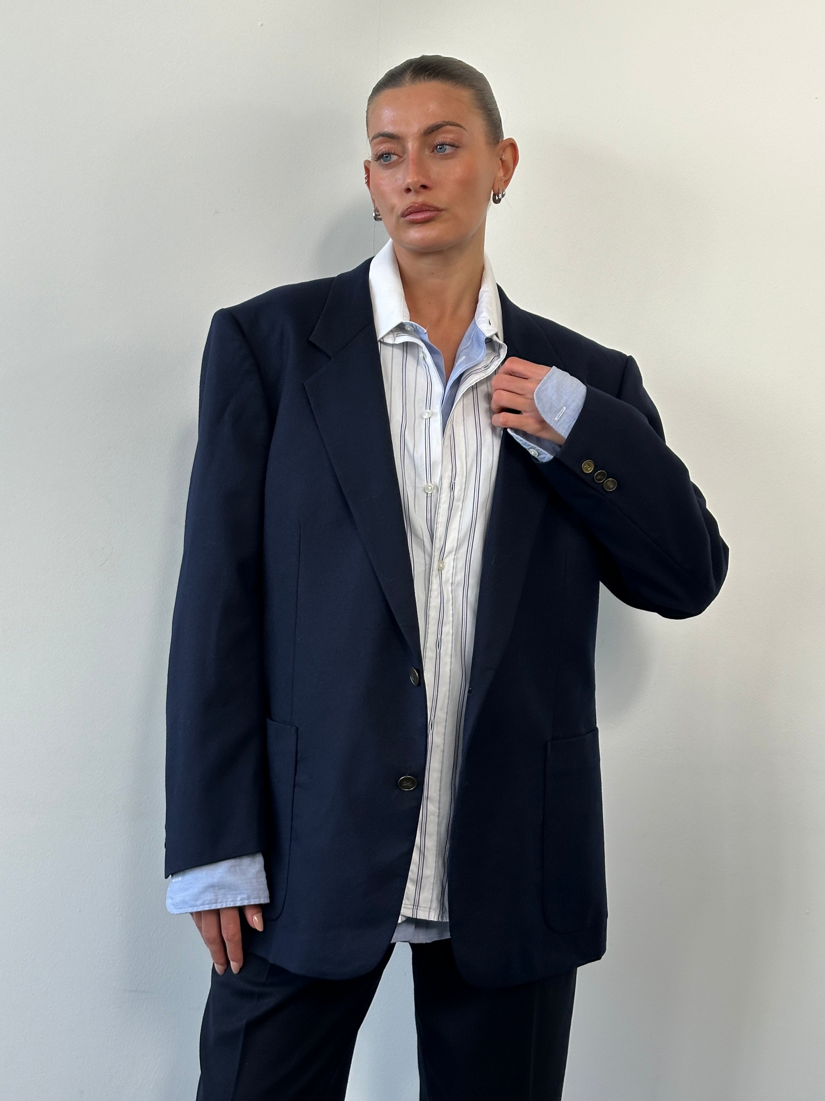 Yves Saint Laurent men's 1990s pure wool bespoke button blazer in size 46R/XL, tailored fit with classic lapel design.
