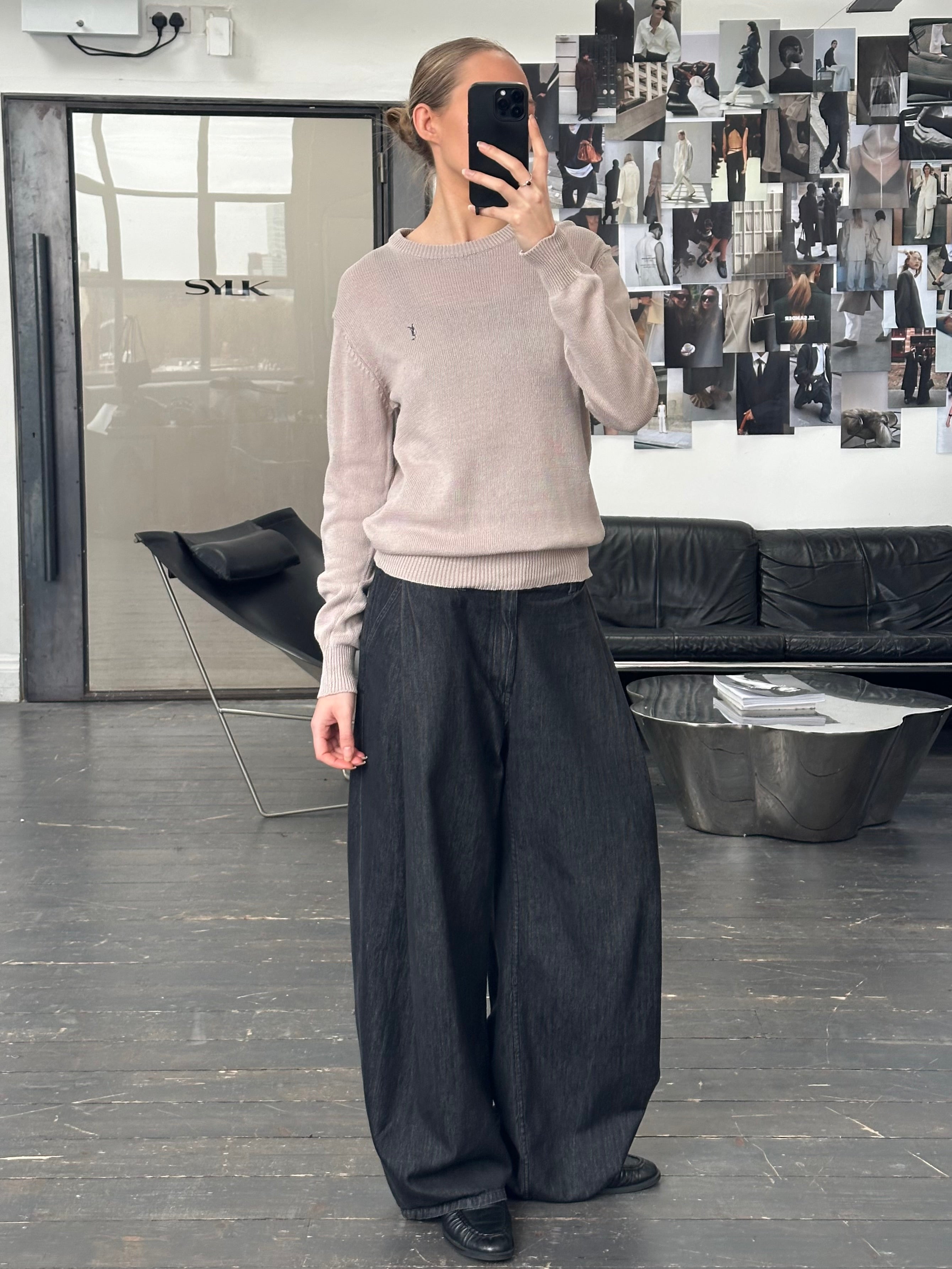 Yves Saint Laurent 1990s cotton knitted jumper in beige, slim fit, classic crewneck, soft textured knit, size S.