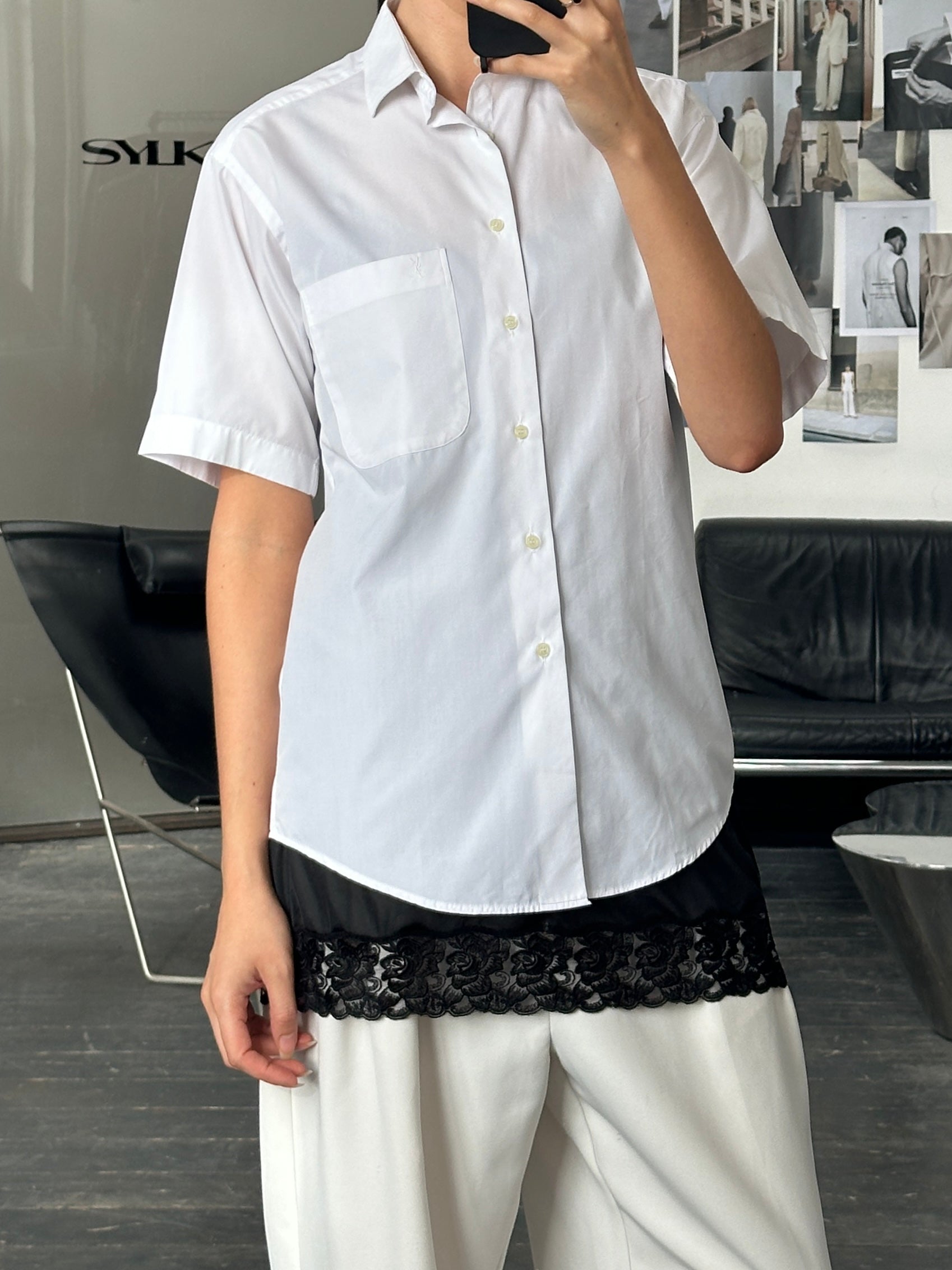 Yves Saint Laurent 1980s logo cotton short sleeve shirt, black with bold YSL branding, casual fit, men's S/M size.