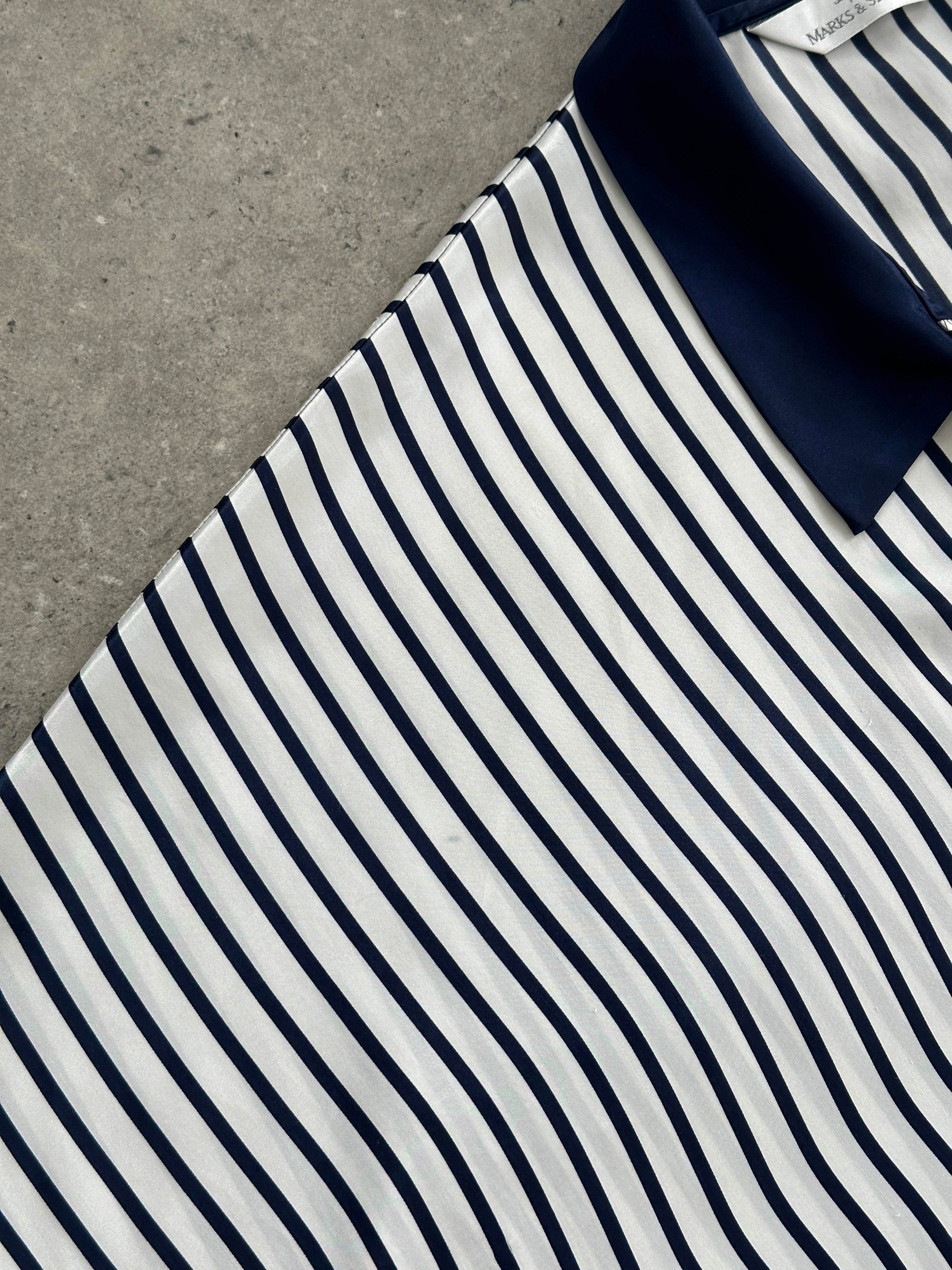 St Michael satin stripe two-piece shirt and shorts set, pre-2000s, M/L size, featuring a stylish, vintage look.