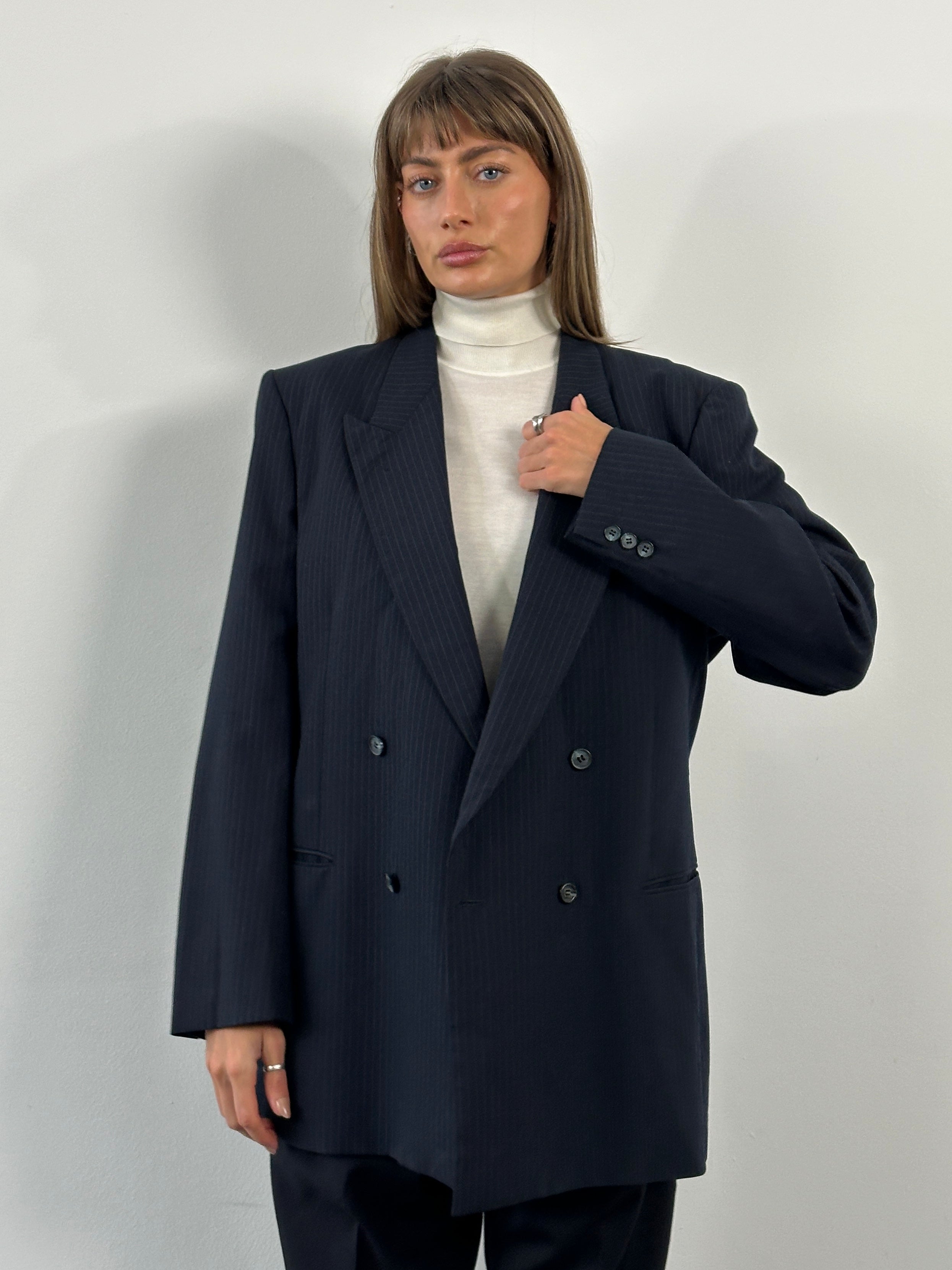 Yves Saint Laurent men's 1990s pure wool double-breasted blazer in size 42R/XL, dark tailored blazer with notch lapels.