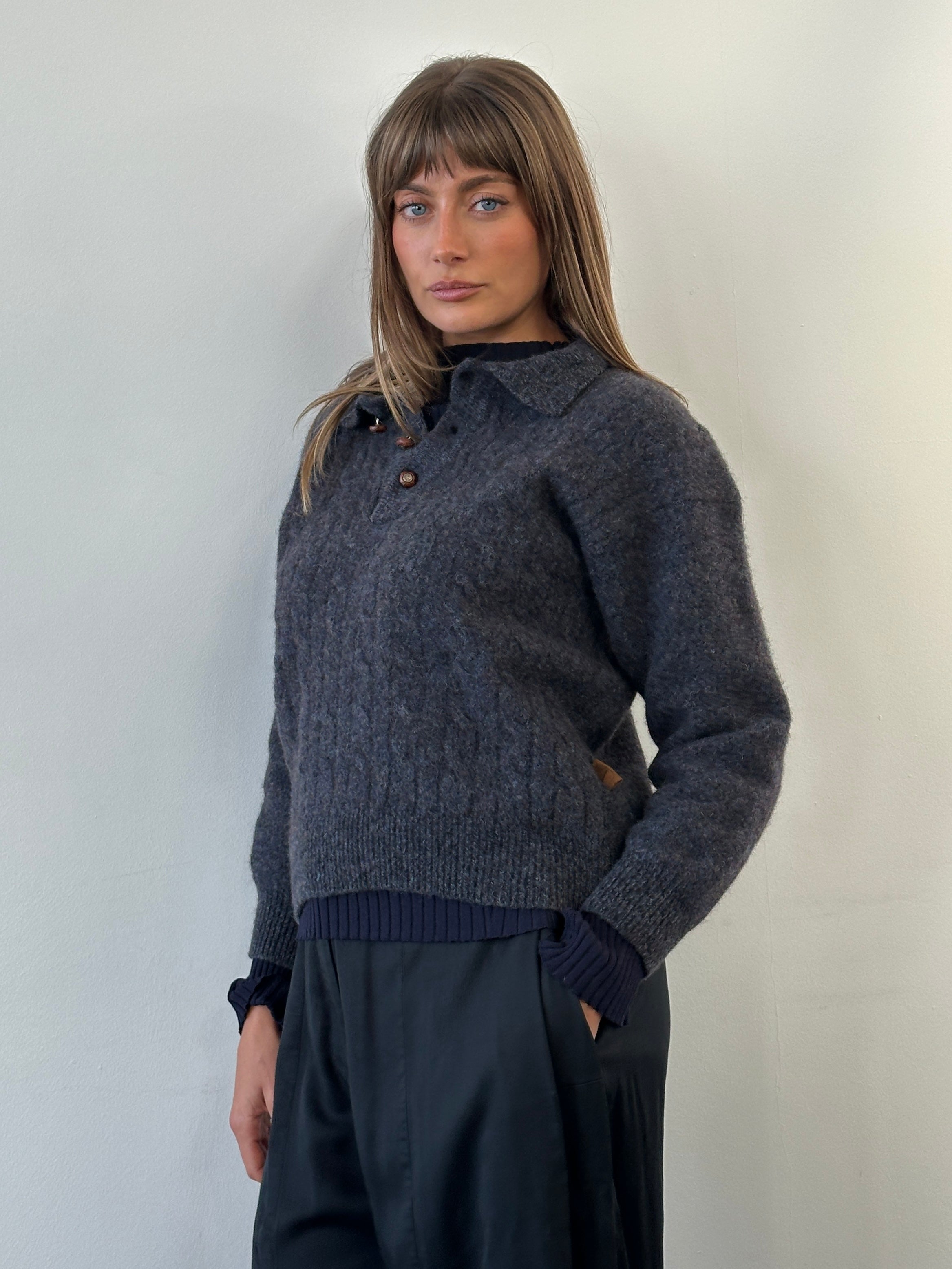 Valentino Studio 1990s pure wool bespoke button polo jumper in XS, featuring a classic design and ribbed collar.