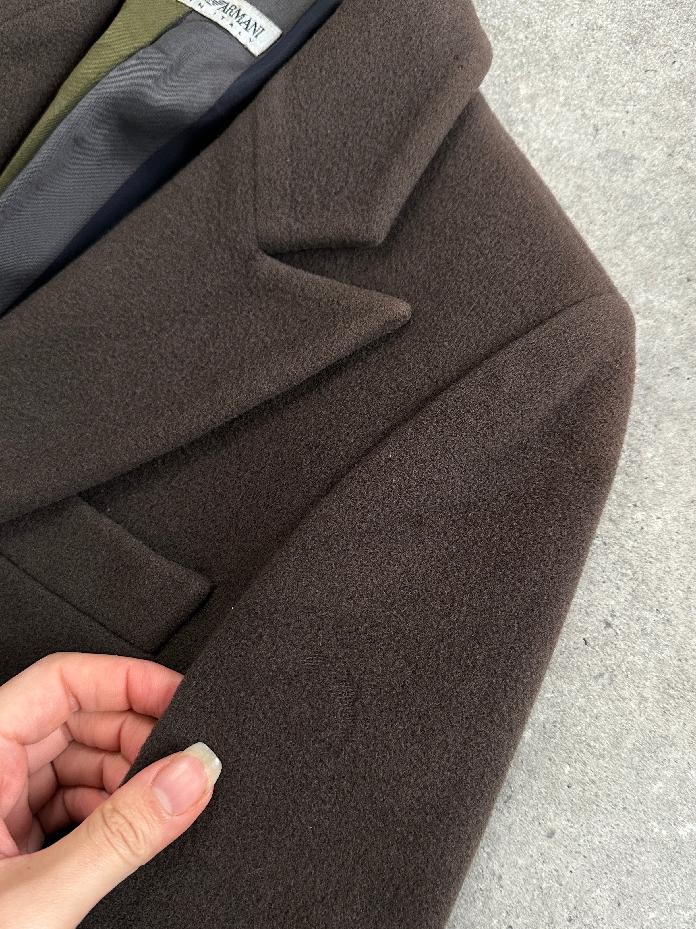 Emporio Armani 1990s pure virgin wool single button coat in XS/S, showcasing classic tailored style and high-quality fabric.