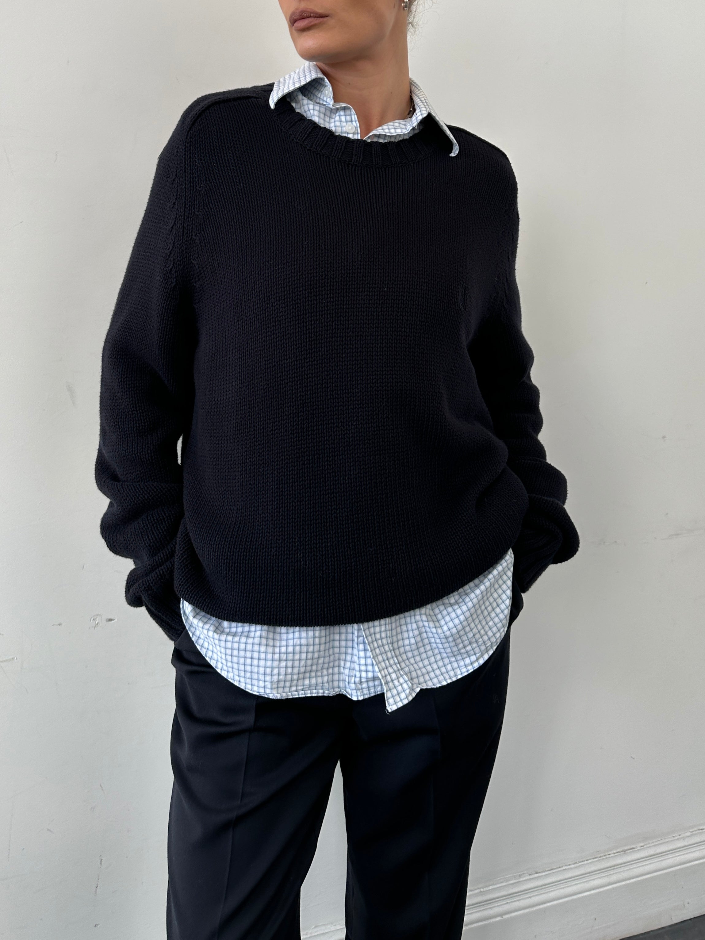 Yves Saint Laurent knitted cotton logo jumper in XL/XXL, showing the soft fabric and signature YSL logo on the front.