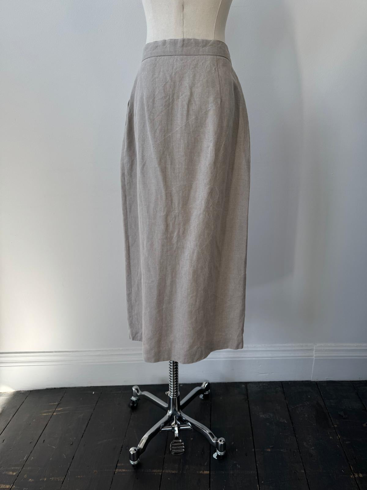 Marella 1990s pure linen midi skirt in natural beige, high-waisted with a flowing silhouette and side slit detail.