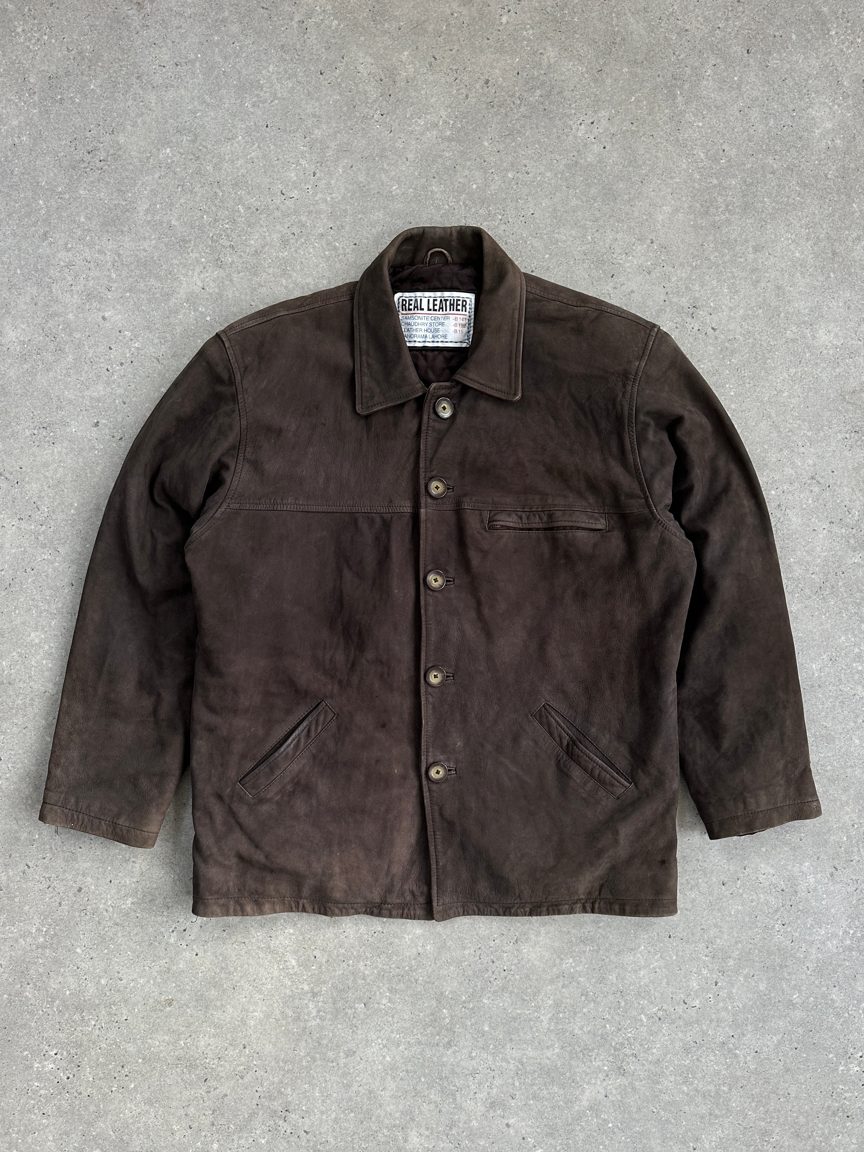 Vintage XL Nubuck Leather Jacket with classic design, featuring a soft textured leather finish and tailored fit.