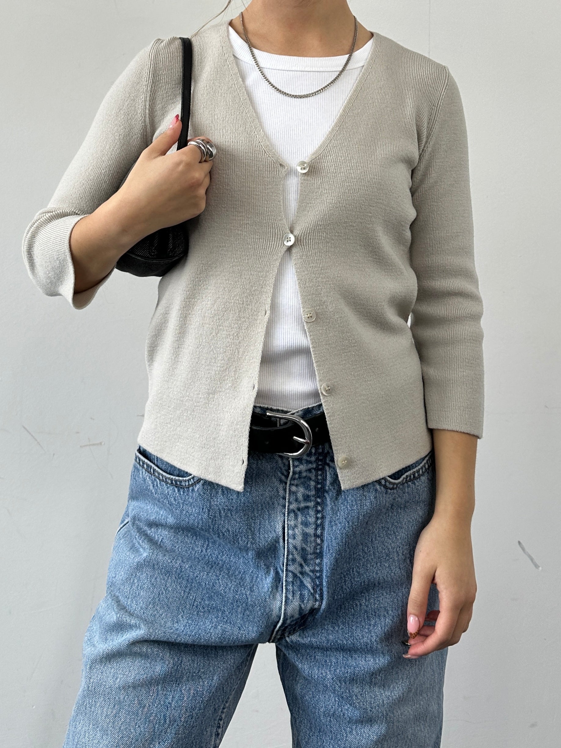Emporio Armani men's merino wool cardigan in XXS/XS, featuring a classic design with ribbed cuffs and a button-up front.