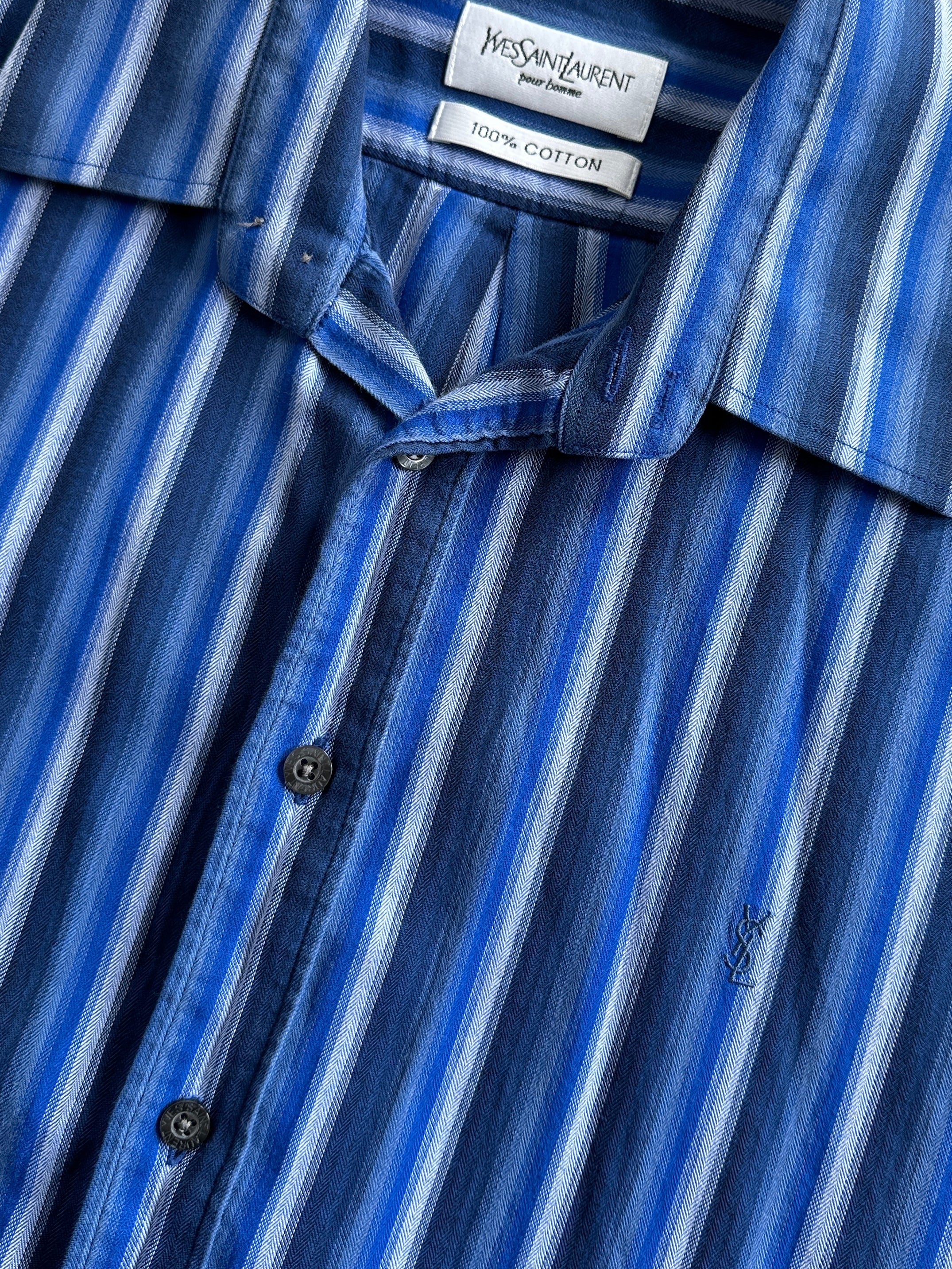 Yves Saint Laurent Pour Homme pure cotton stripe logo shirt in XL, featuring a classic striped pattern and YSL branding.
