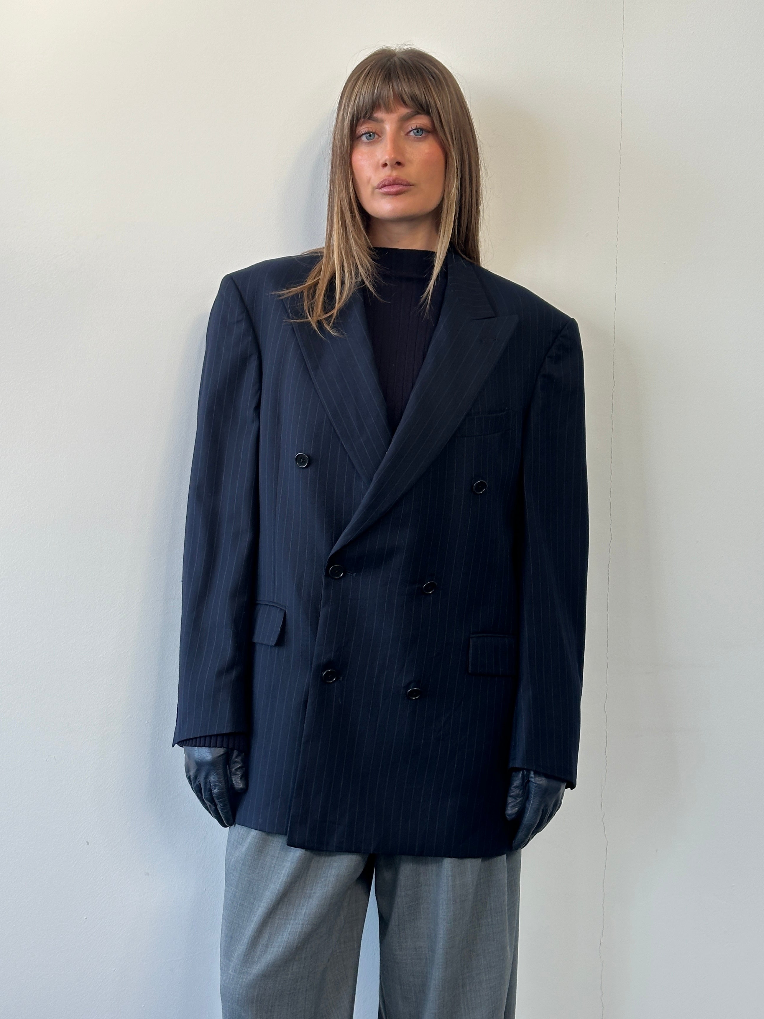Daniel Cremieux x Loro Piana 1990s pure wool stripe double-breasted blazer, 42R/XL, showing navy and gray tailored design.