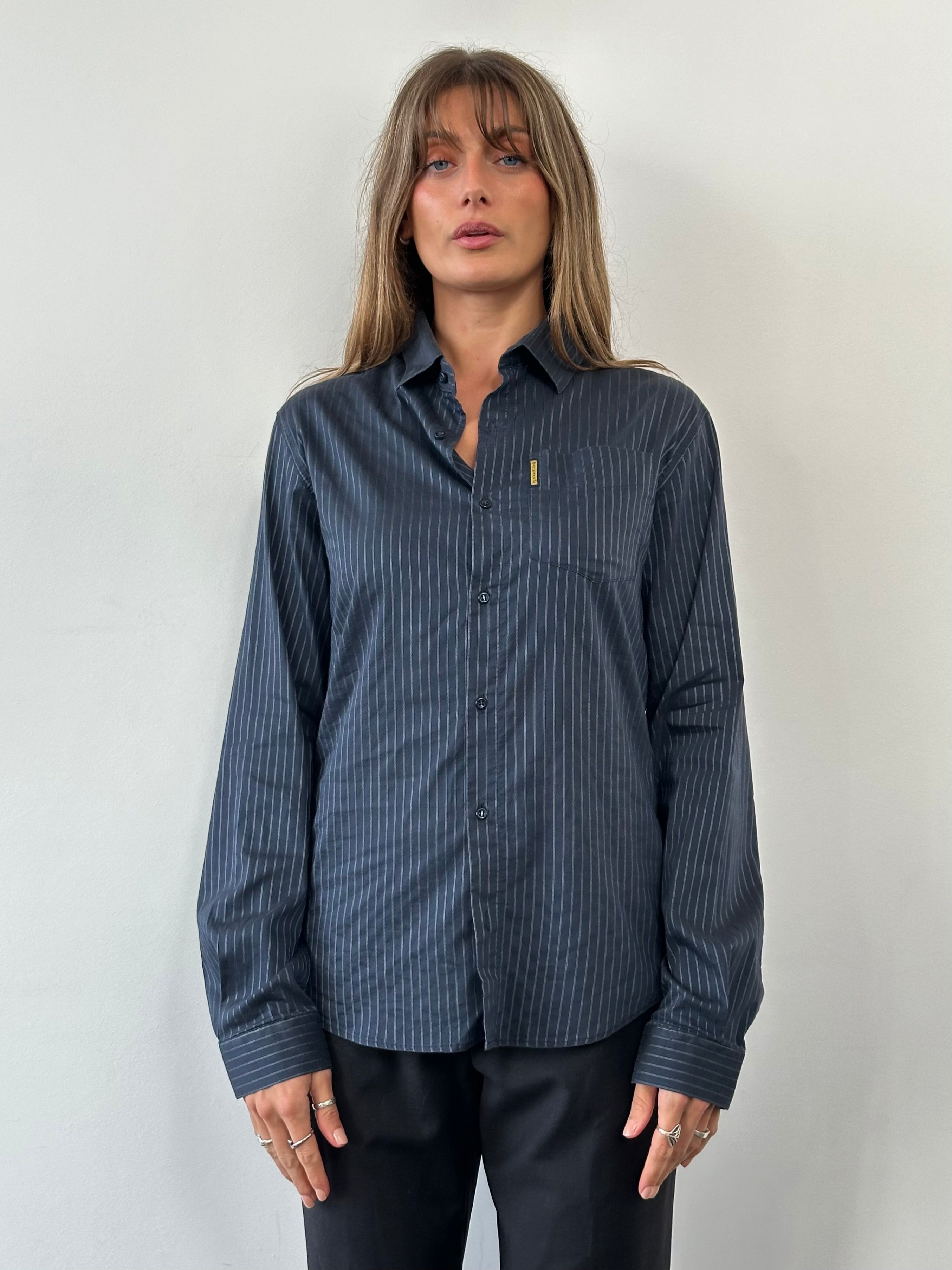 Armani Jeans striped cotton logo shirt in size M, featuring a classic design with brand logo and colorful stripe pattern.