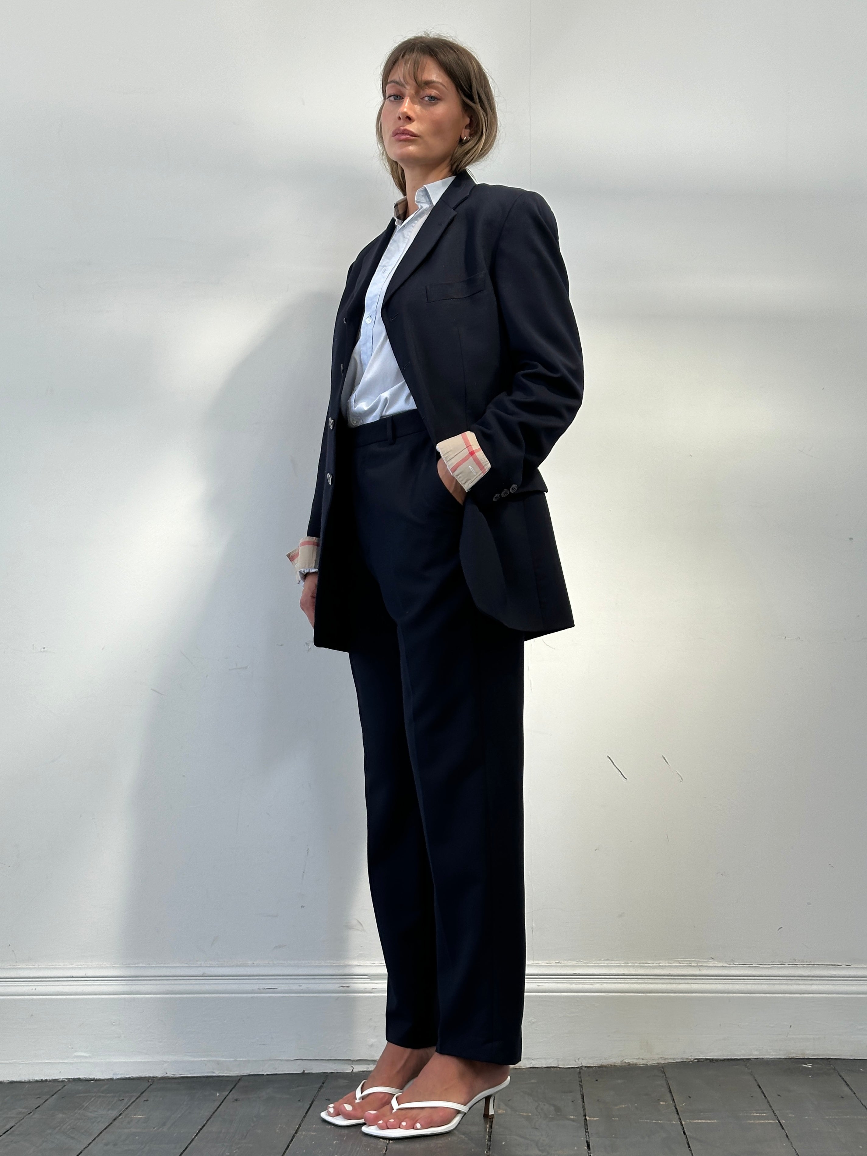 Yves Saint Laurent men's virgin wool mohair single-breasted suit jumpsuit in size 38R/W28, tailored fit with lapel collar and front buttons.