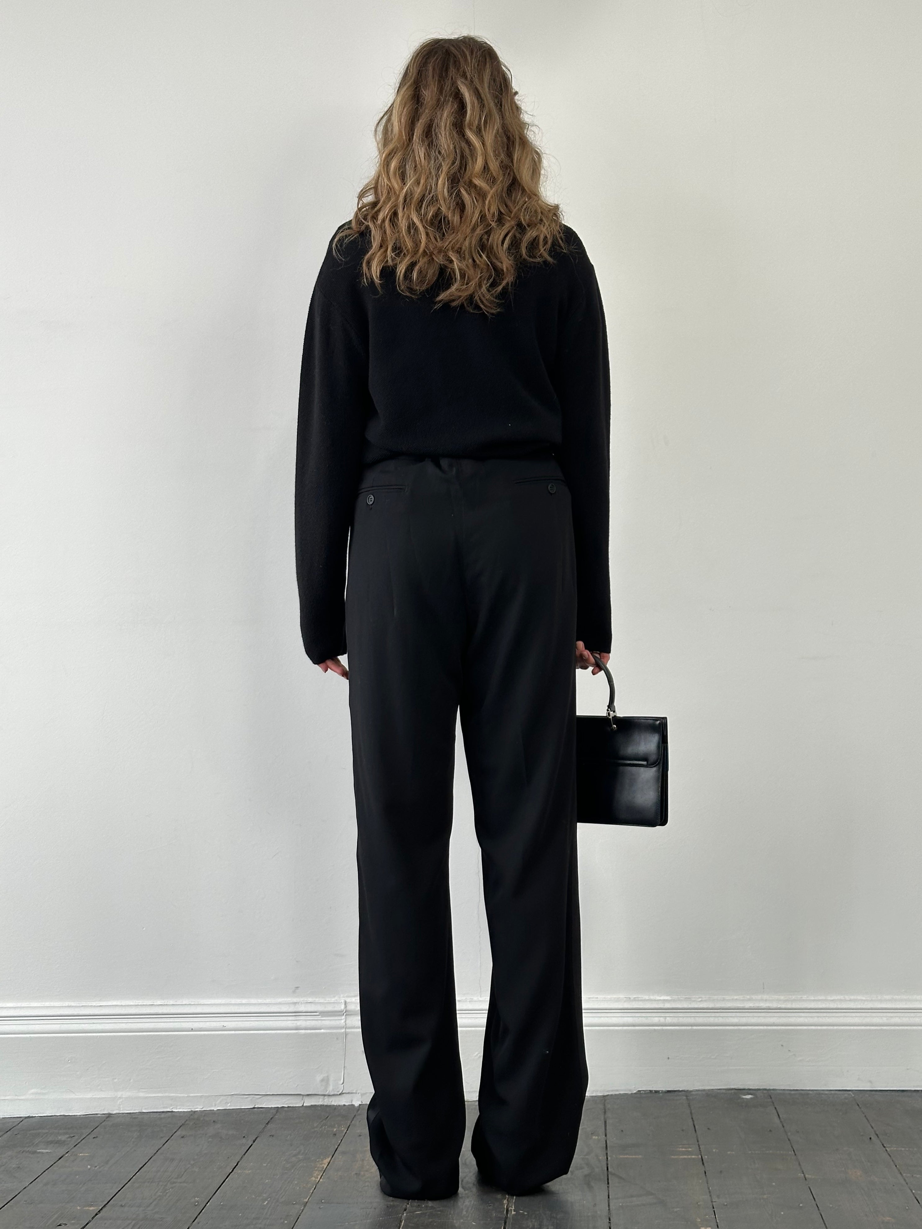 Emporio Armani 1990s tailored wool tuxedo trousers in size W34 displayed with a sleek, classic fit and refined design.