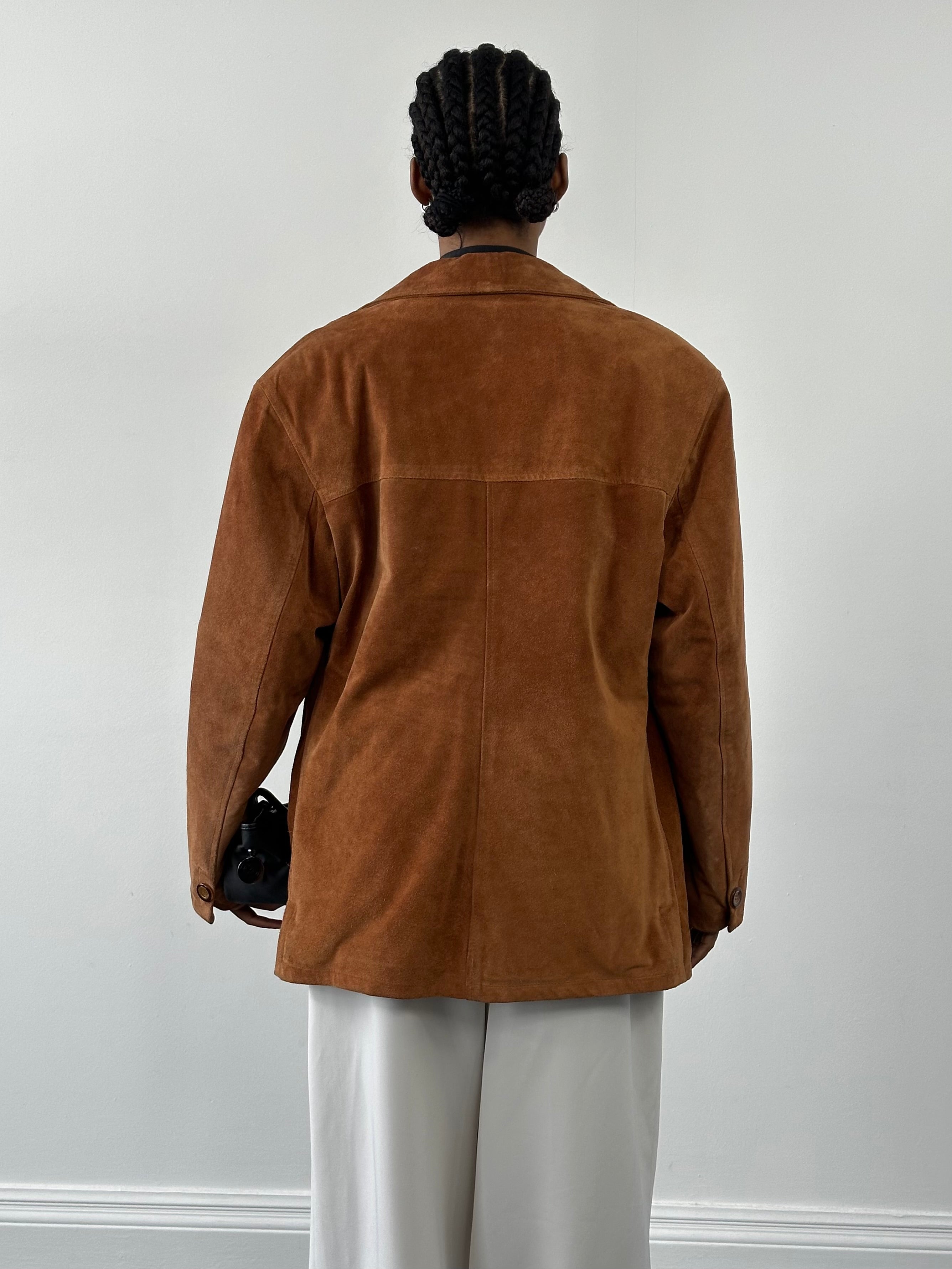 Italian vintage 1990s suede leather jacket in size large, showcasing its classic design and soft texture.