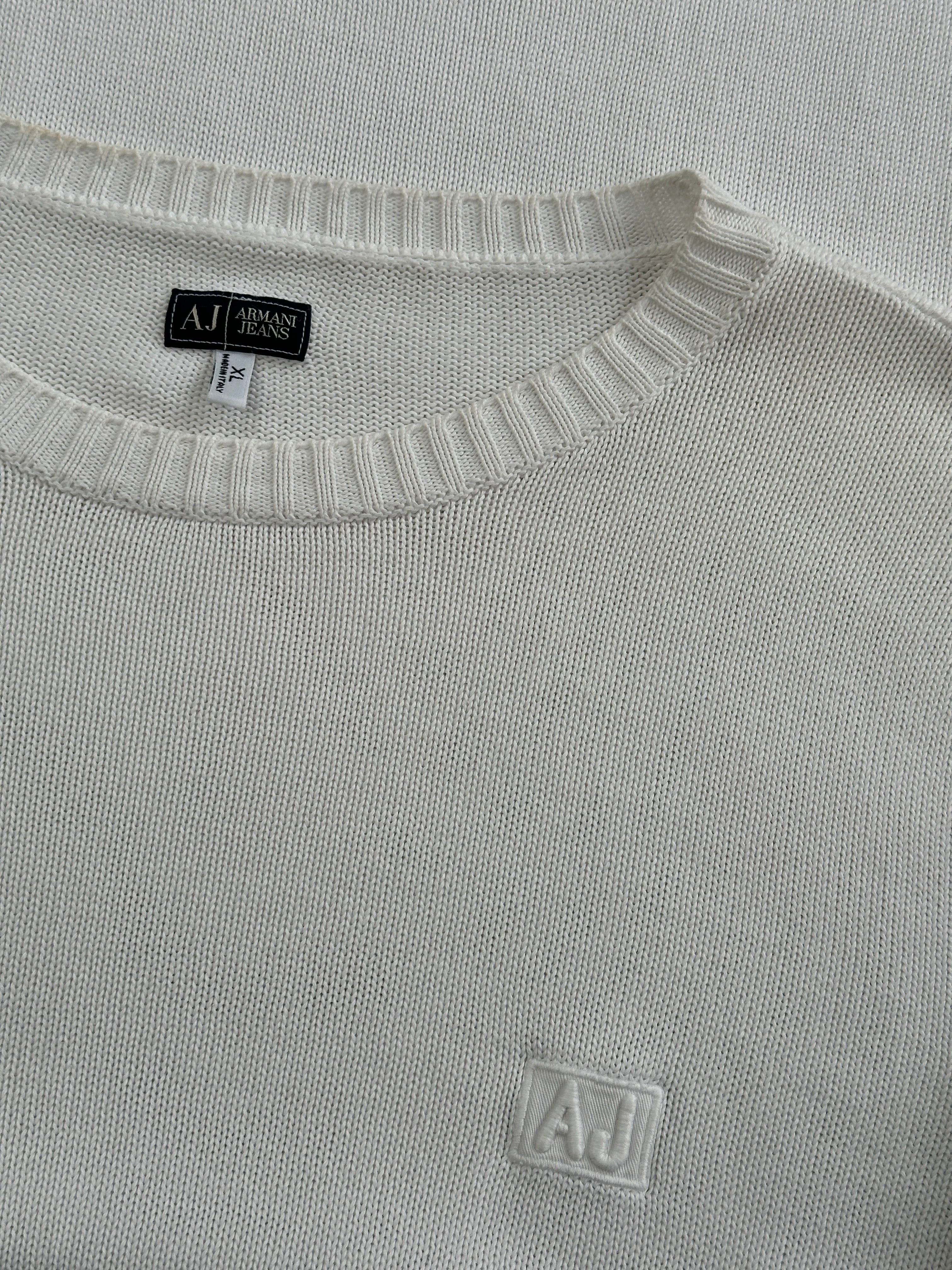 Armani Jeans XL knitted jumper made of pure cotton with embroidered logo, blue color, and ribbed cuffs and hem.
