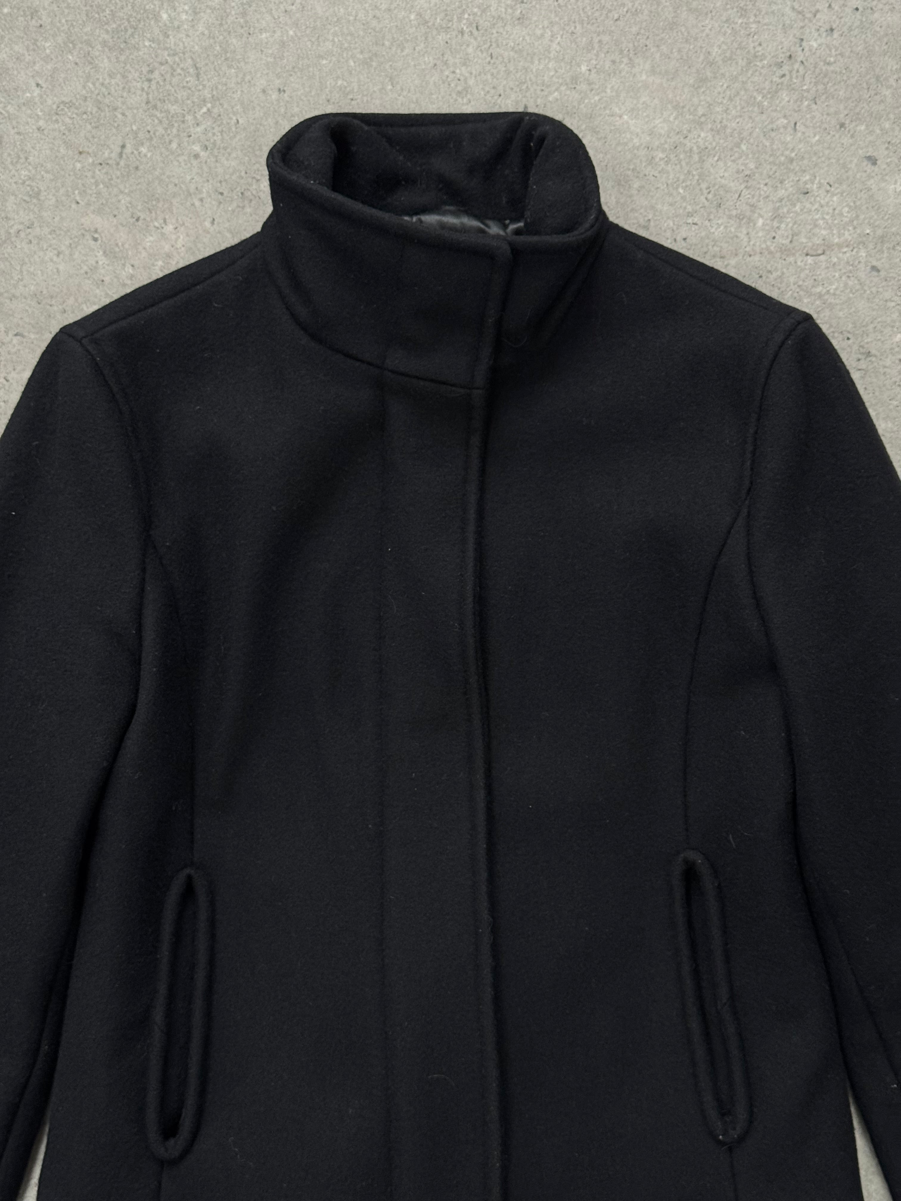 Armani Jeans 2000s wool high-neck minimal jacket in size S, featuring a sleek design and classic style.