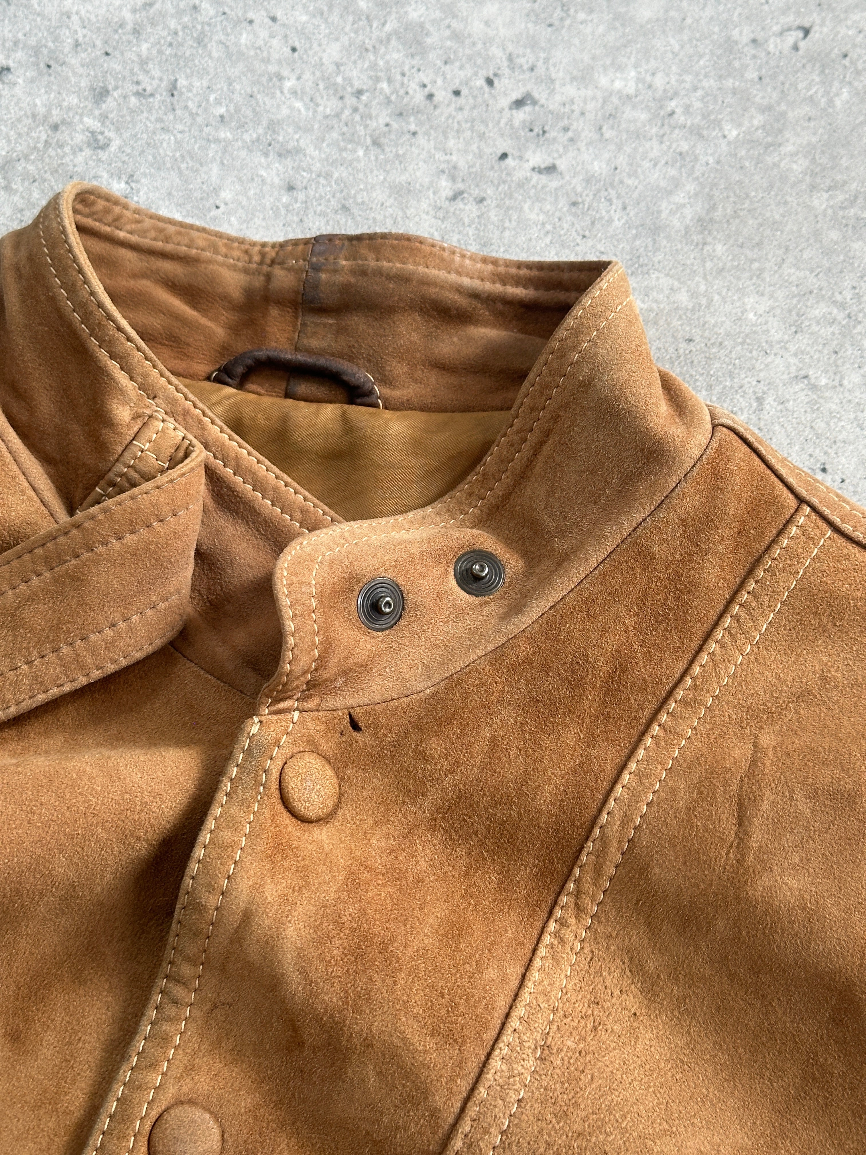 Vintage high neck suede bomber jacket in size M, featuring a classic design and textured suede material.