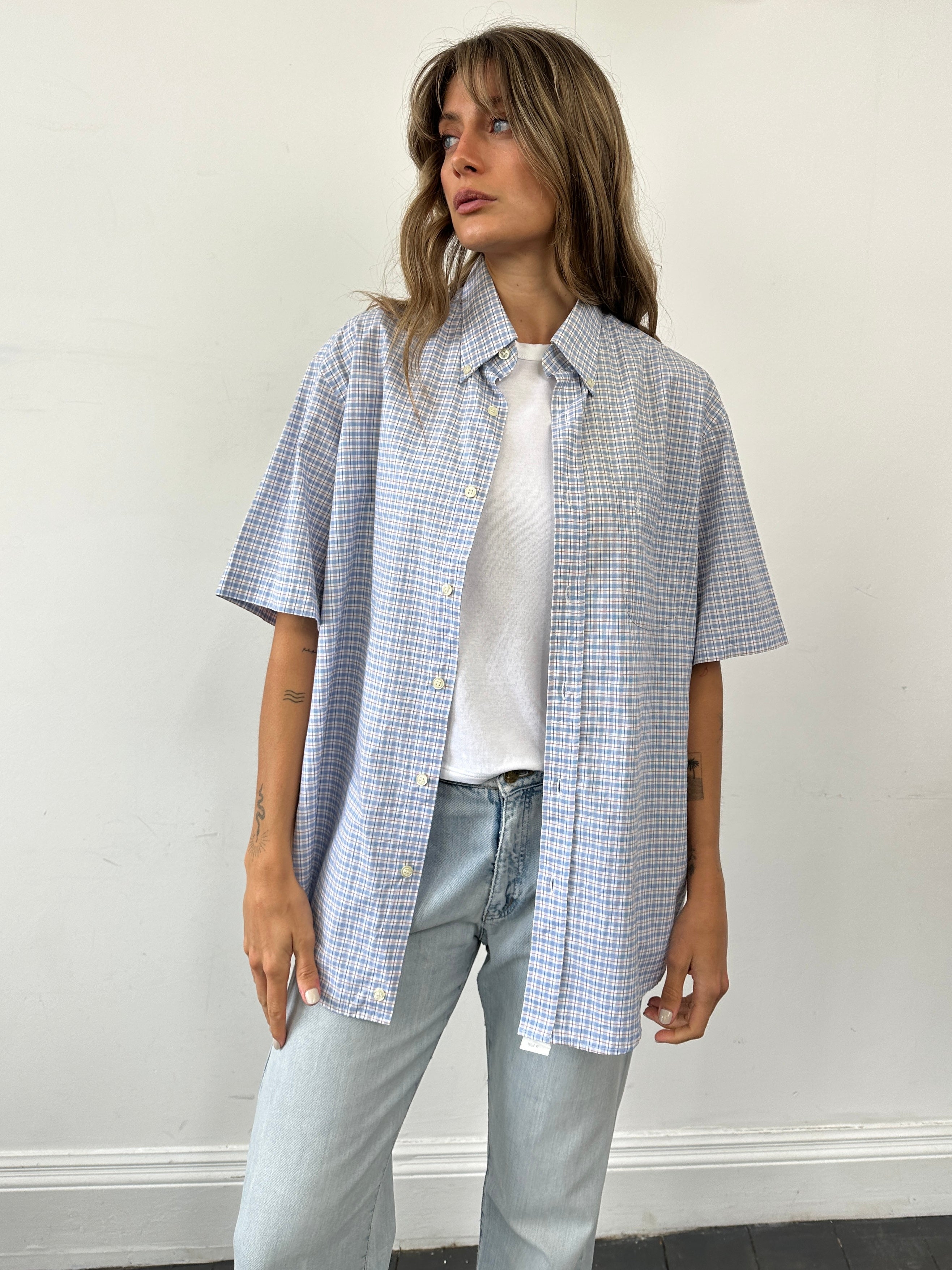 Yves Saint Laurent Pour Homme check cotton short sleeve shirt in XL with logo detail, showcasing a stylish men's casual shirt.