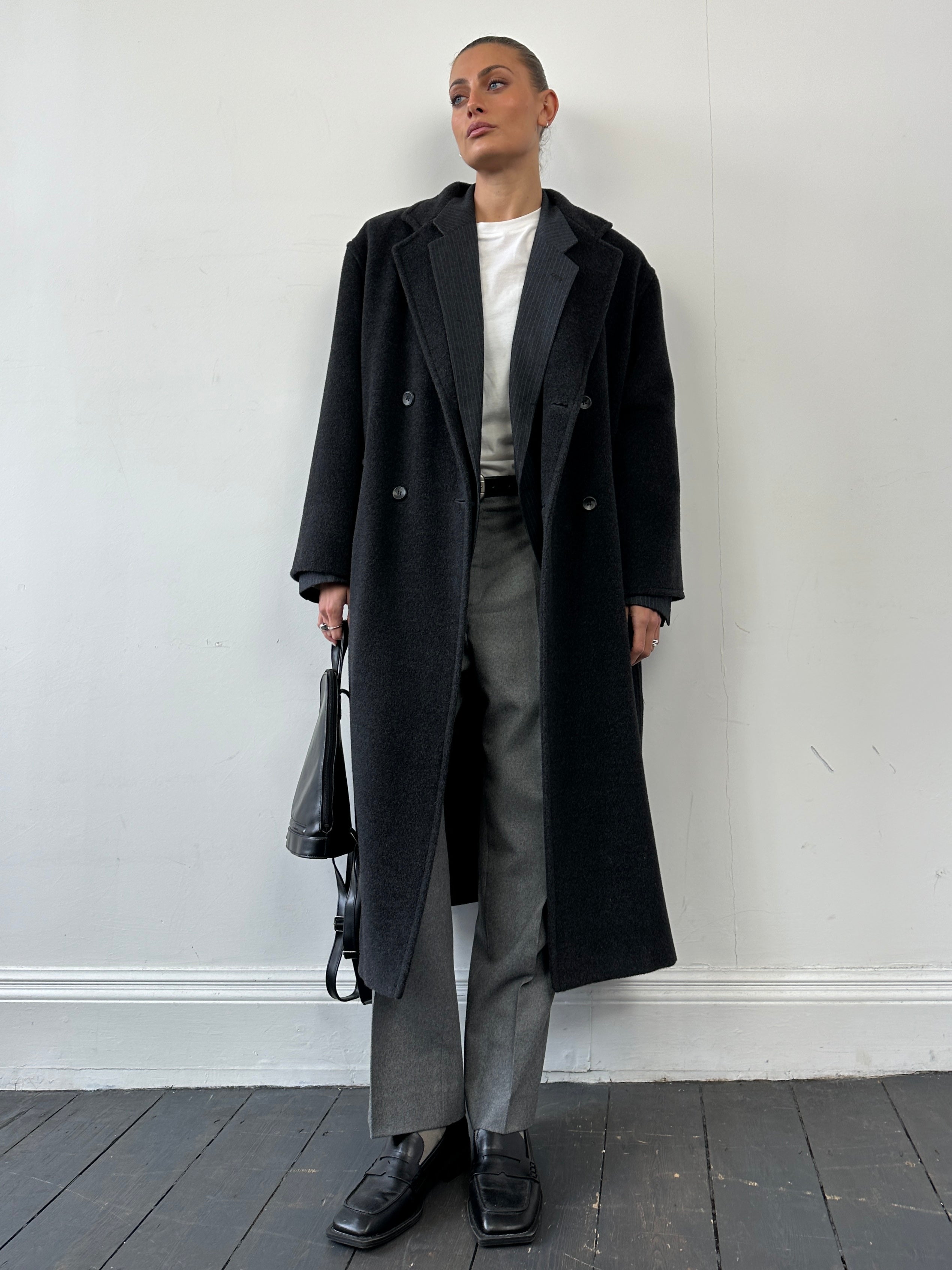 Marella wool cashmere double-breasted coat in size M, featuring classic design and tailored fit, displayed on a neutral background.