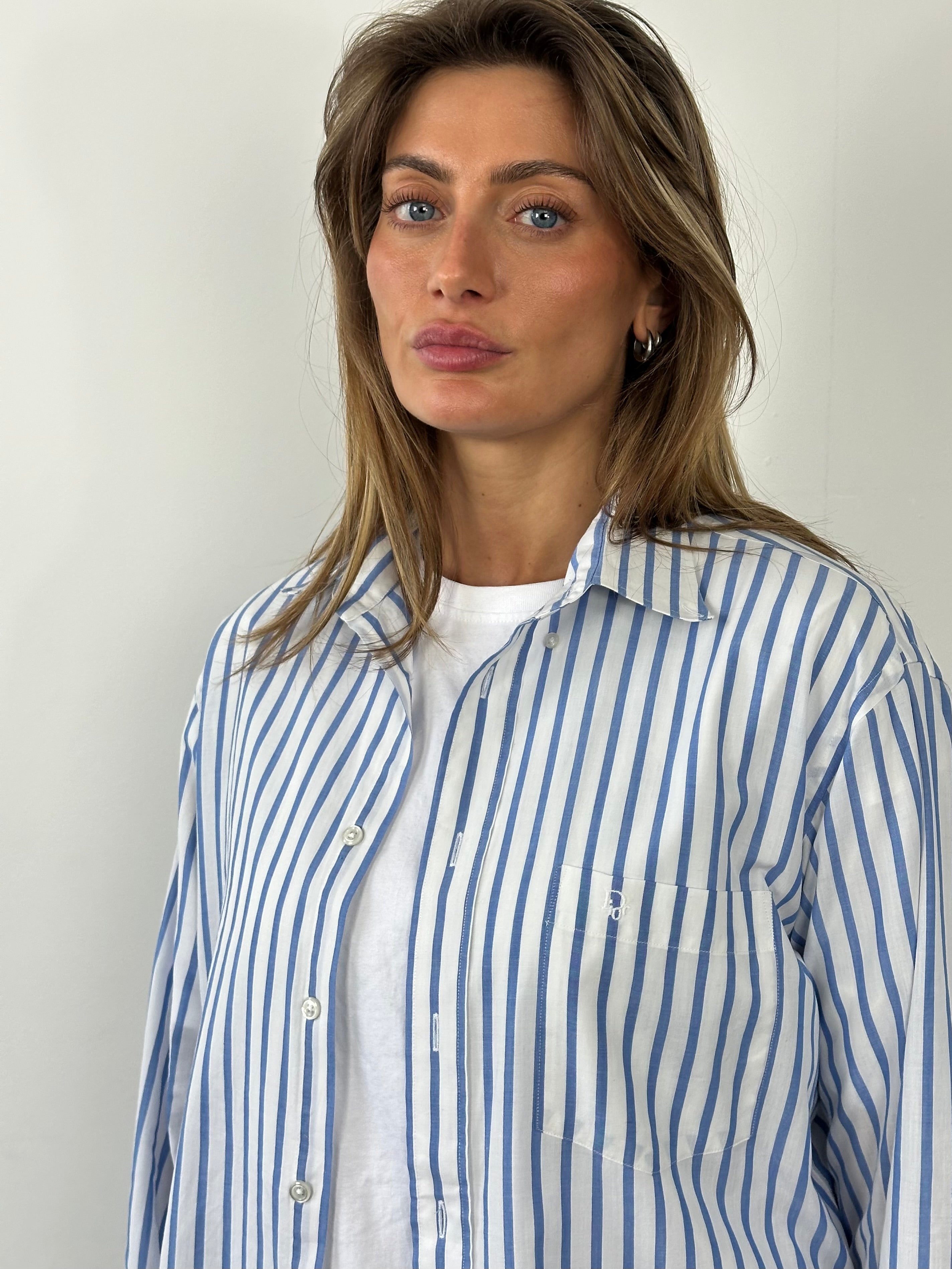 Christian Dior 1980s cotton striped logo shirt, men's size L, featuring bold horizontal red, white, and blue stripes.