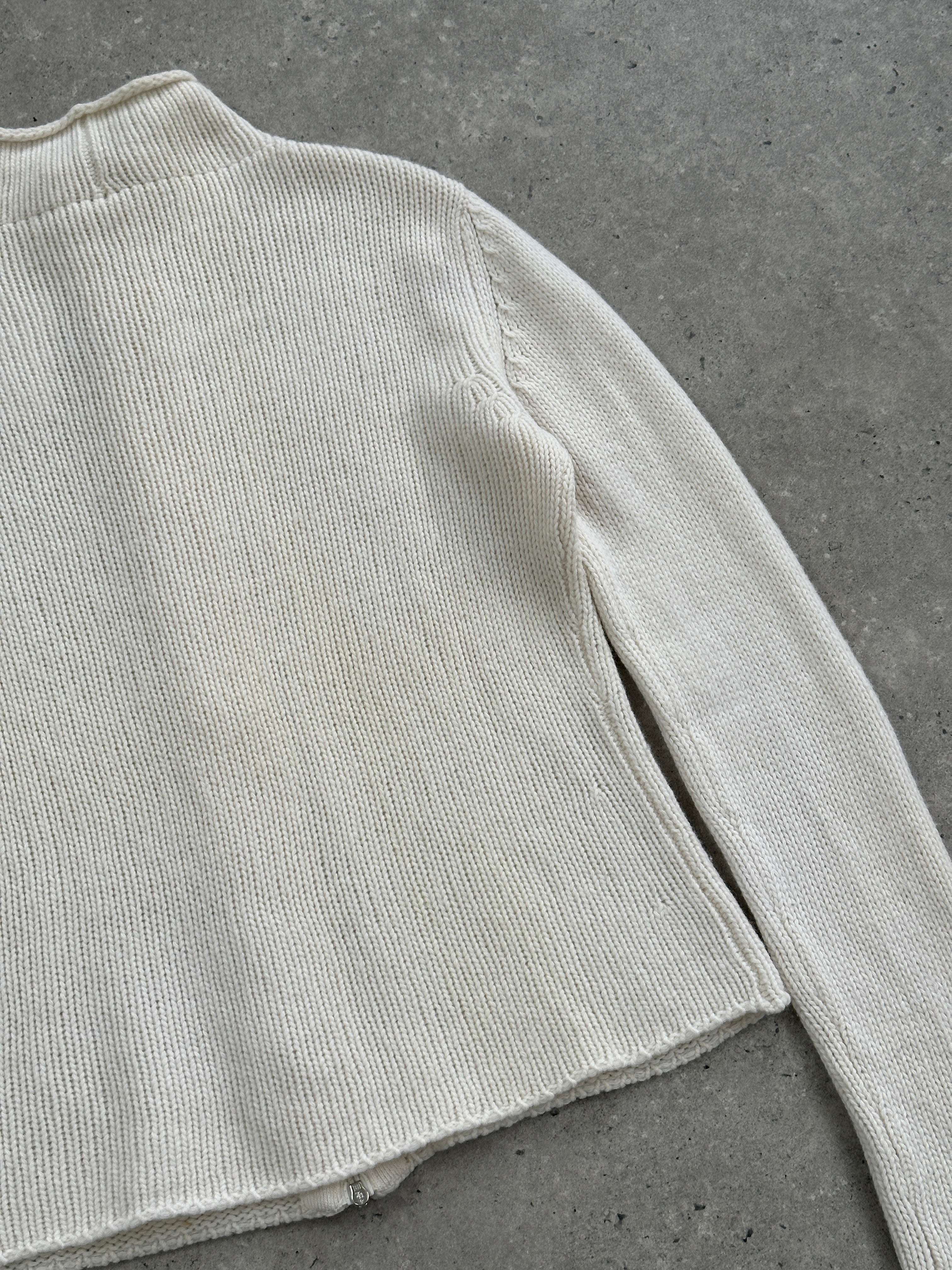 Max Mara S/M wool cashmere knitted double zip cardigan with long sleeves and front zippers, displayed flat.