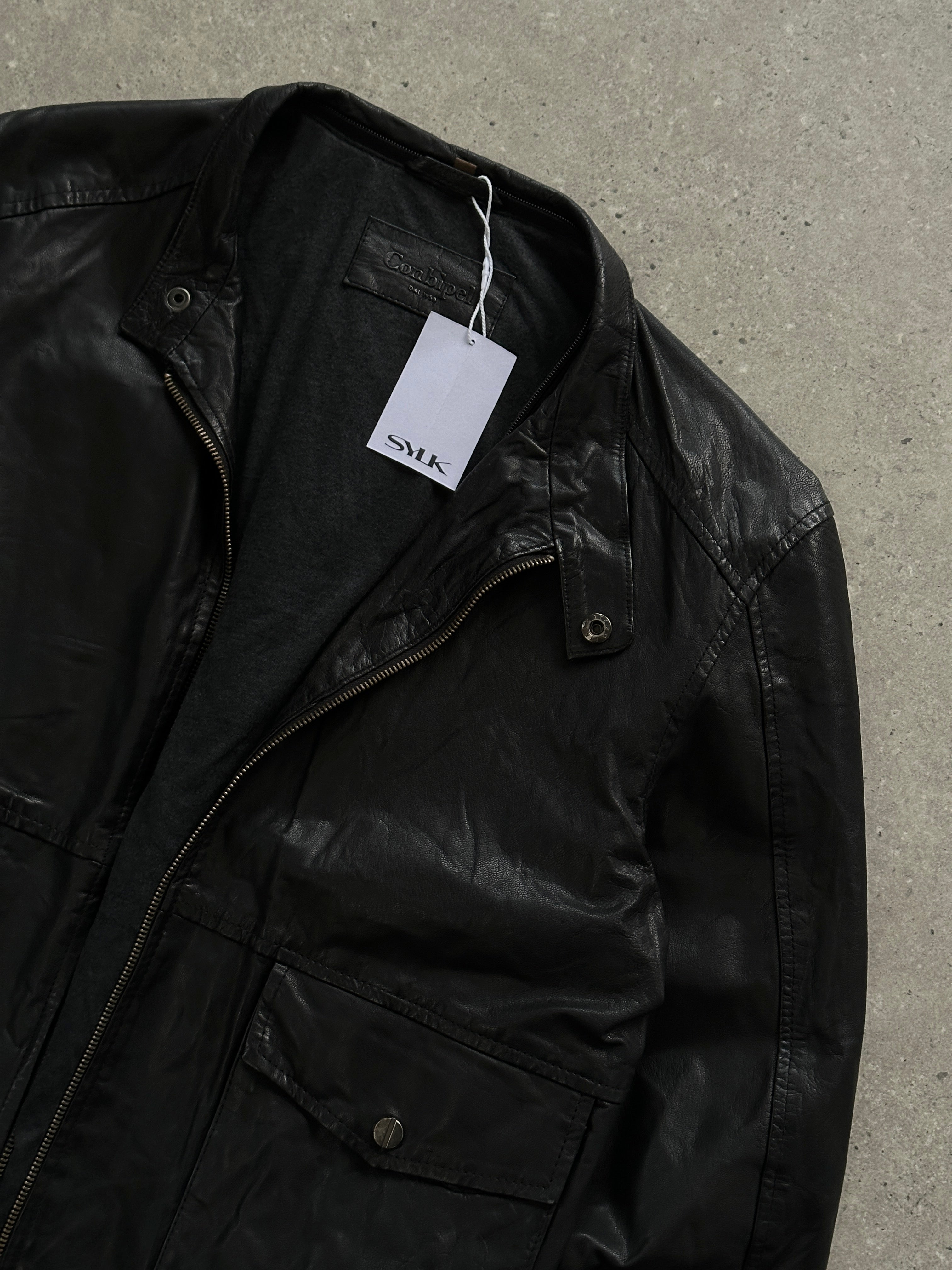 Conbipel Moto Leather Bomber Jacket in black, featuring a classic fit, ribbed cuffs, and front zipper for a stylish, edgy look.