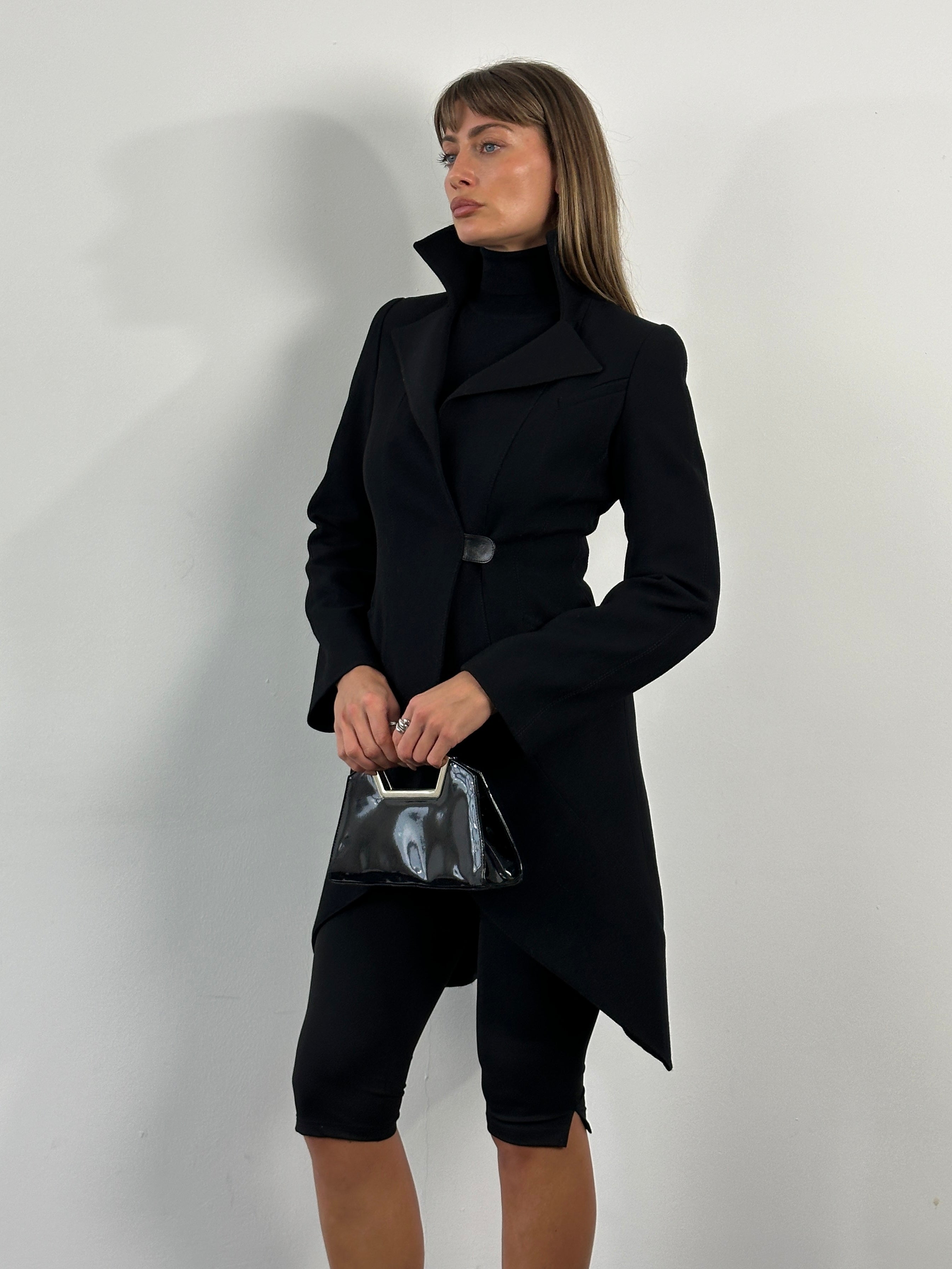 Emporio Armani 2000s pure wool tailored coat in size S, navy blue with classic lapel collar and sleek design.