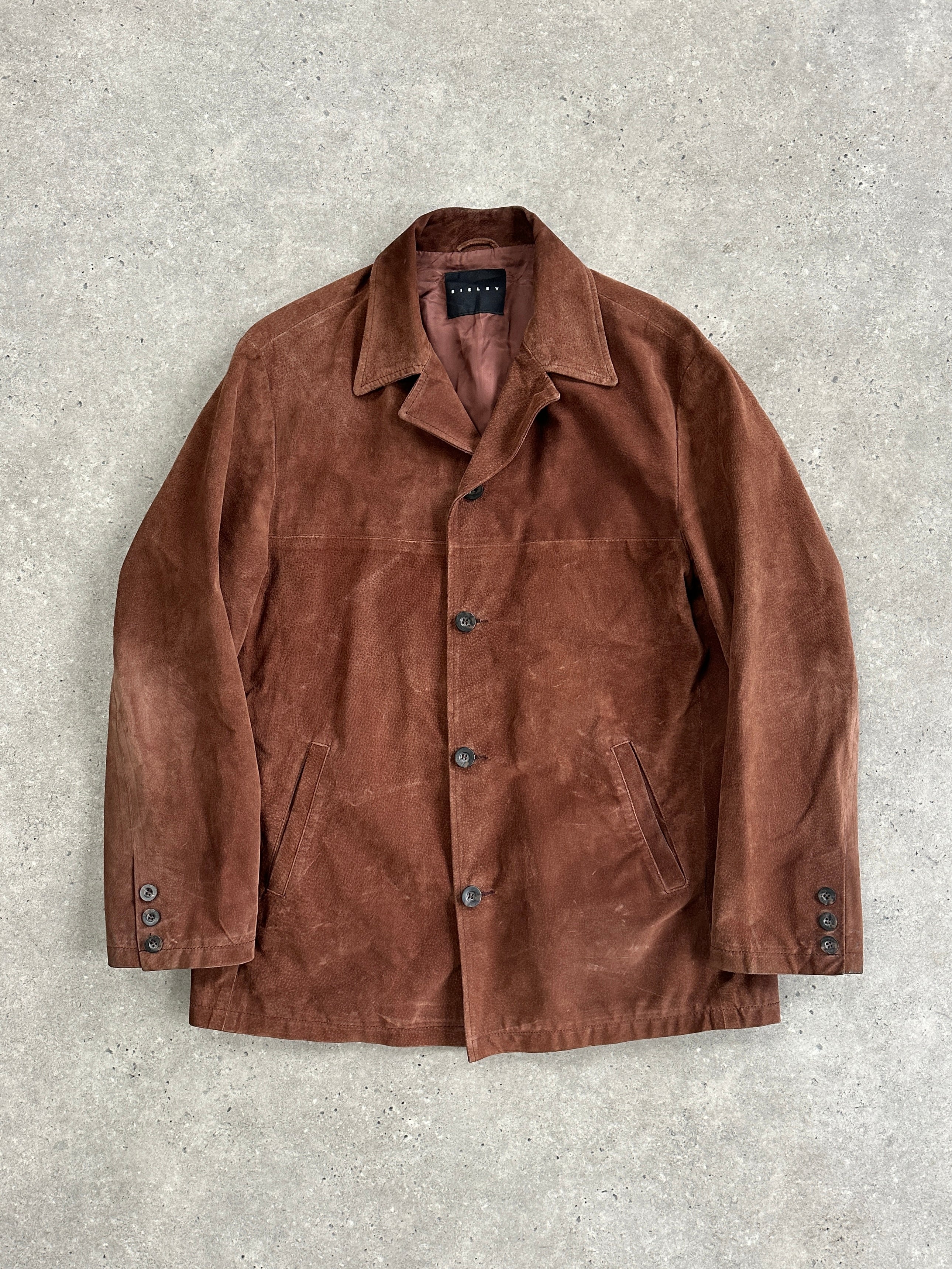 Vintage leather jacket in XL style with soft suede texture, featuring classic design and natural brown color.
