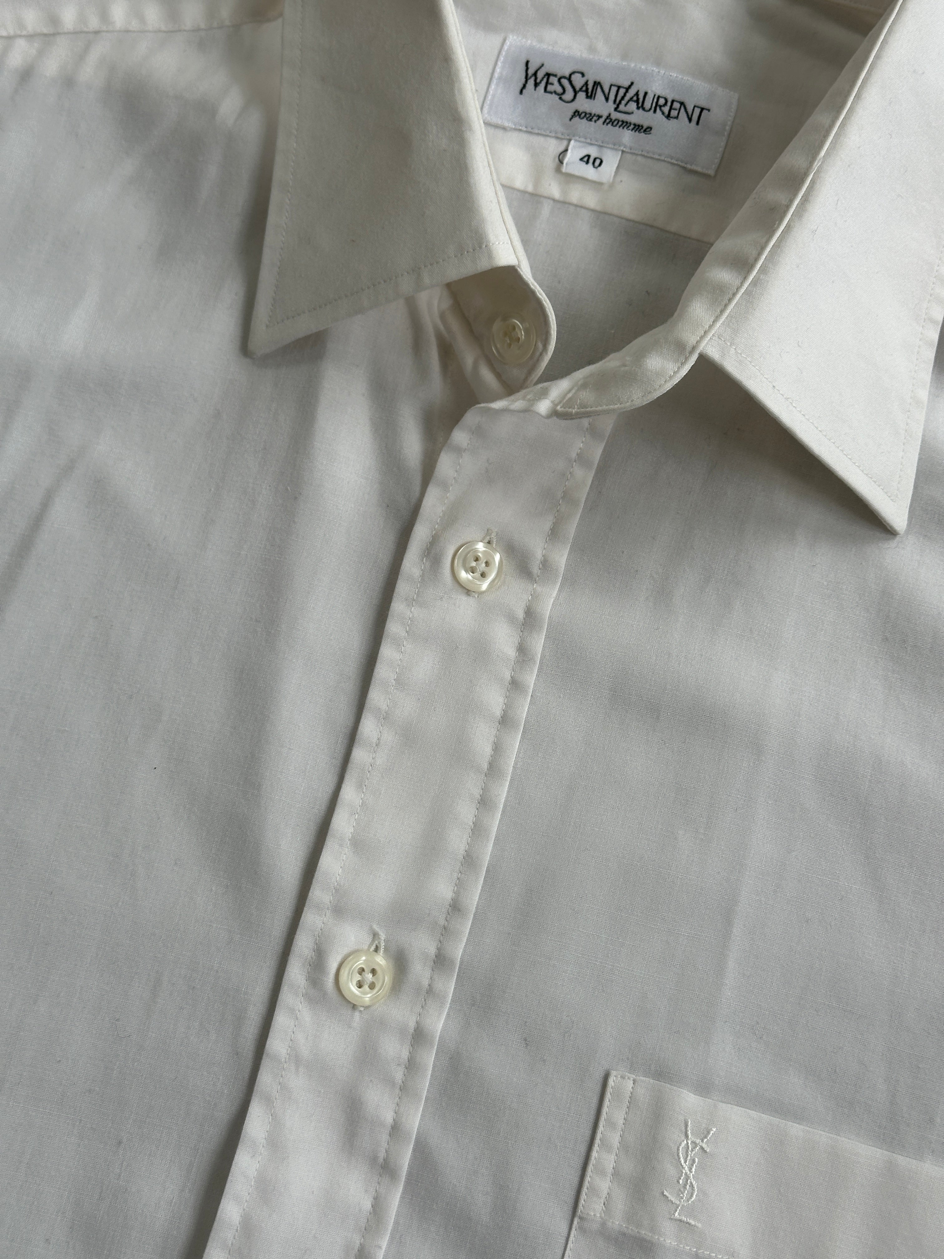 Yves Saint Laurent Pour Homme 1990s cotton logo dress shirt in size L, featuring a classic collar and logo embroidery.