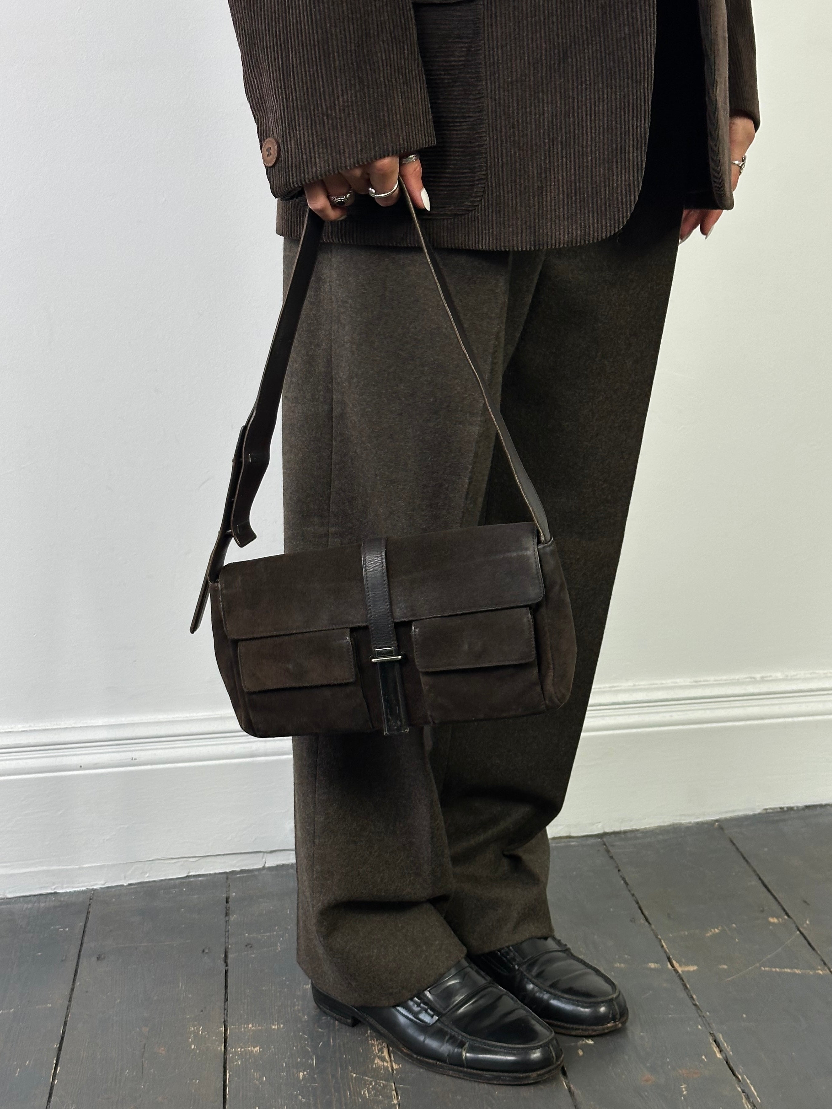 Yves Saint Laurent Rive Gauche 2000s suede shoulder bag with sleek design and classic style, featuring a structured silhouette.