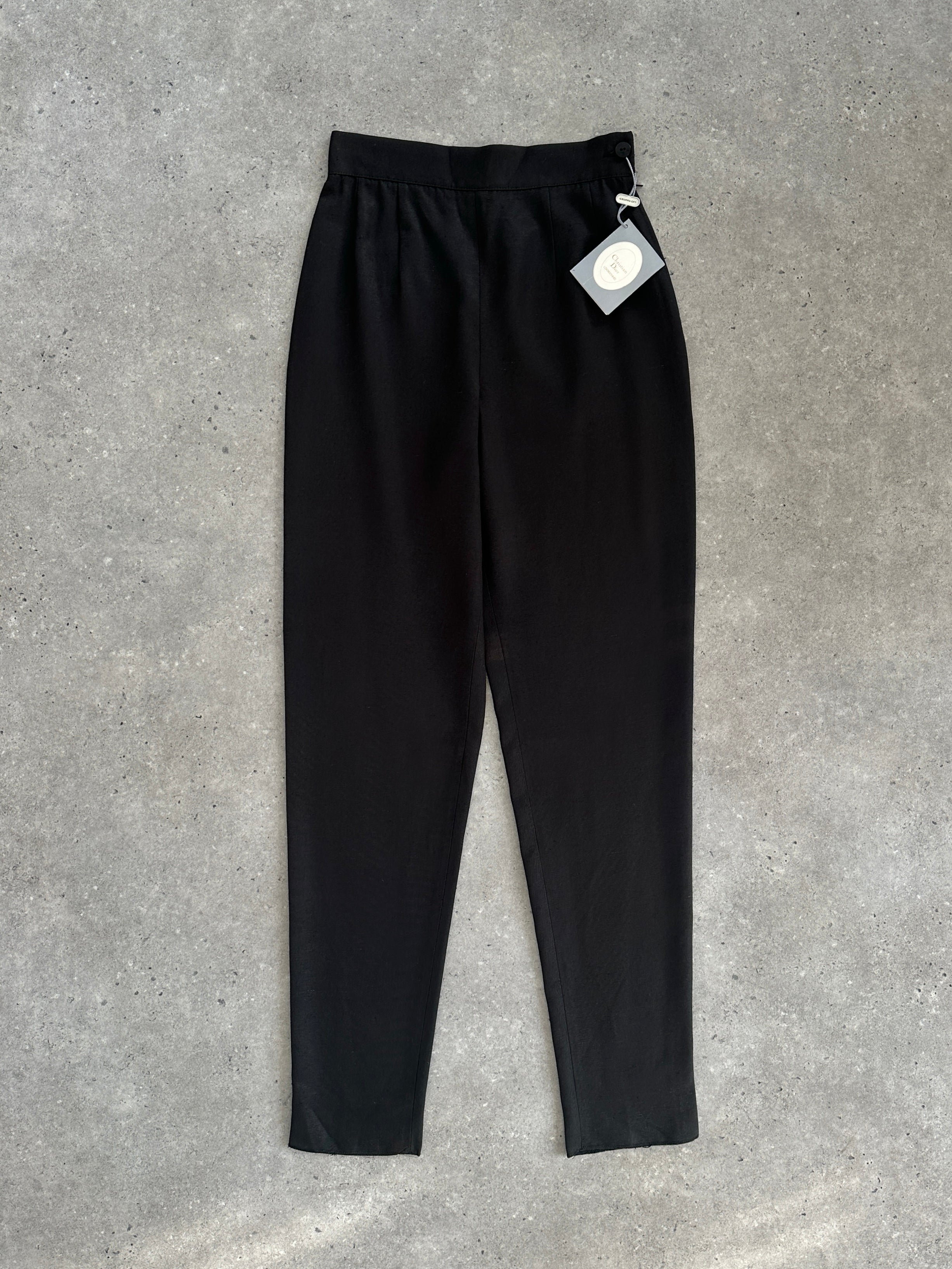 Christian Dior 1990s silk tapered leg trousers in W24, featuring a classic tailored fit and elegant design.