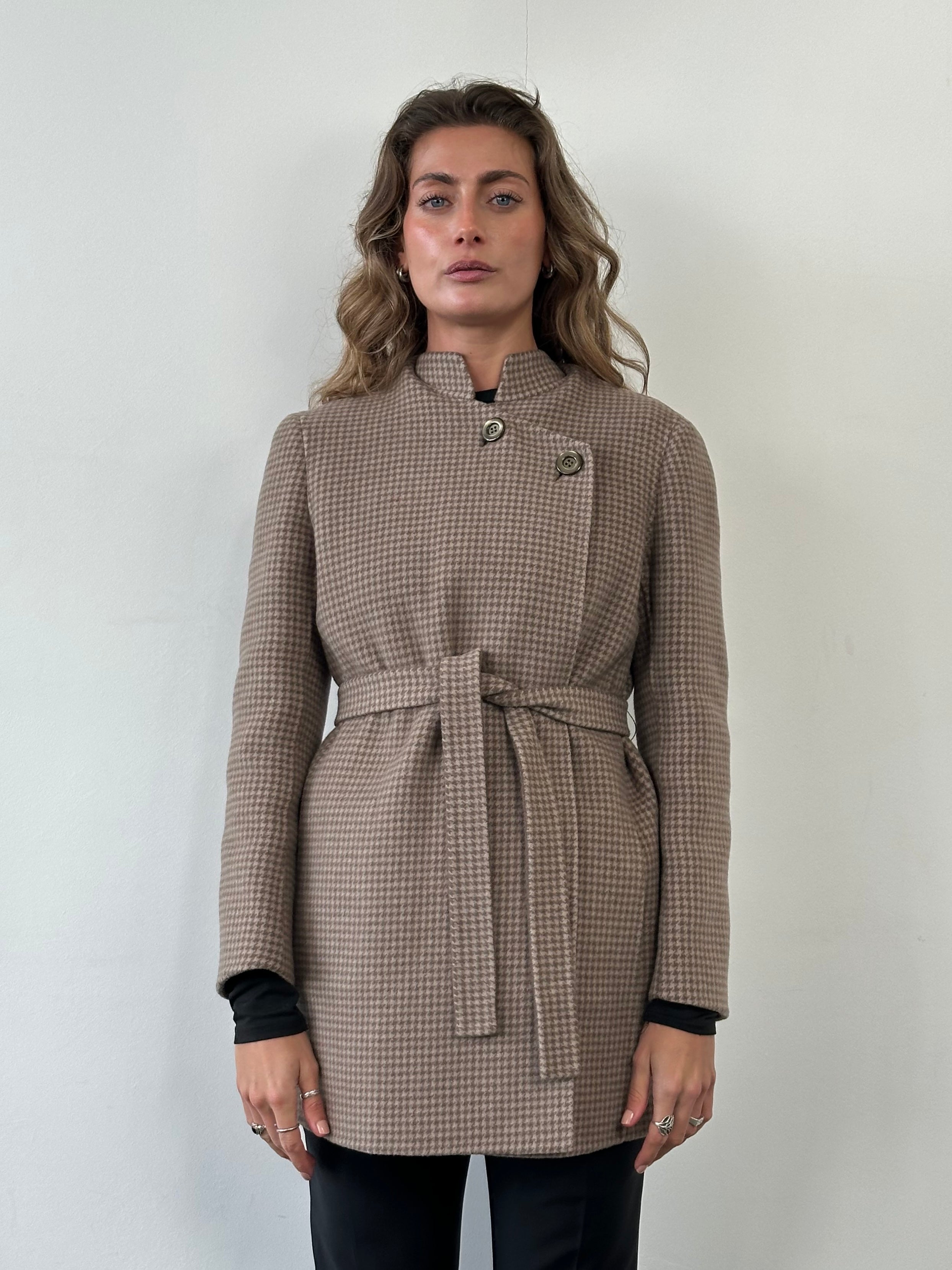 Vintage Italian vintage wool reversible belted coat, medium size, shown with front view and belt tied at waist.