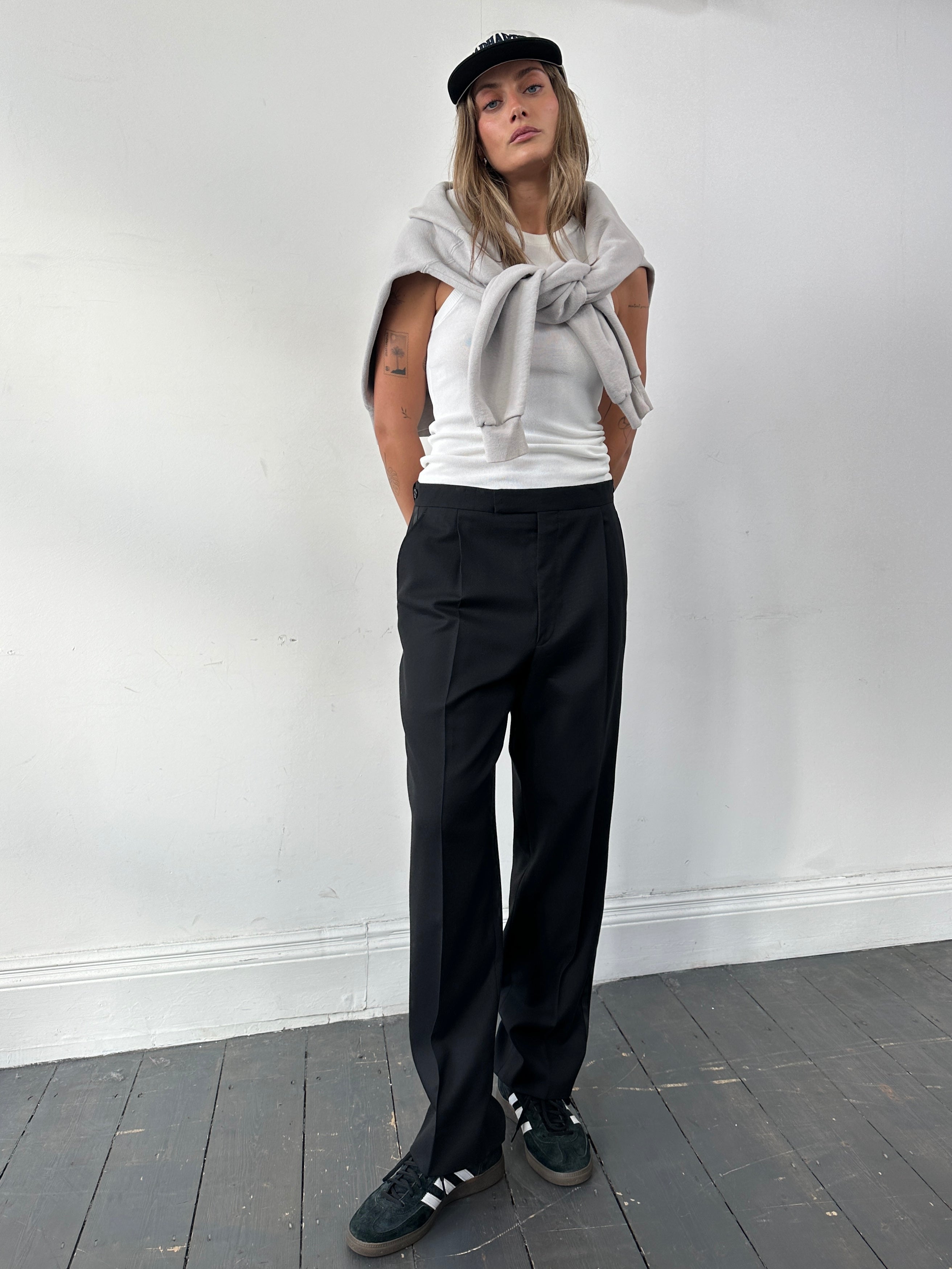 Vintage brand vintage tuxedo pure wool straight leg trousers, W30-32, showing tailored fit and classic design on a neutral background.
