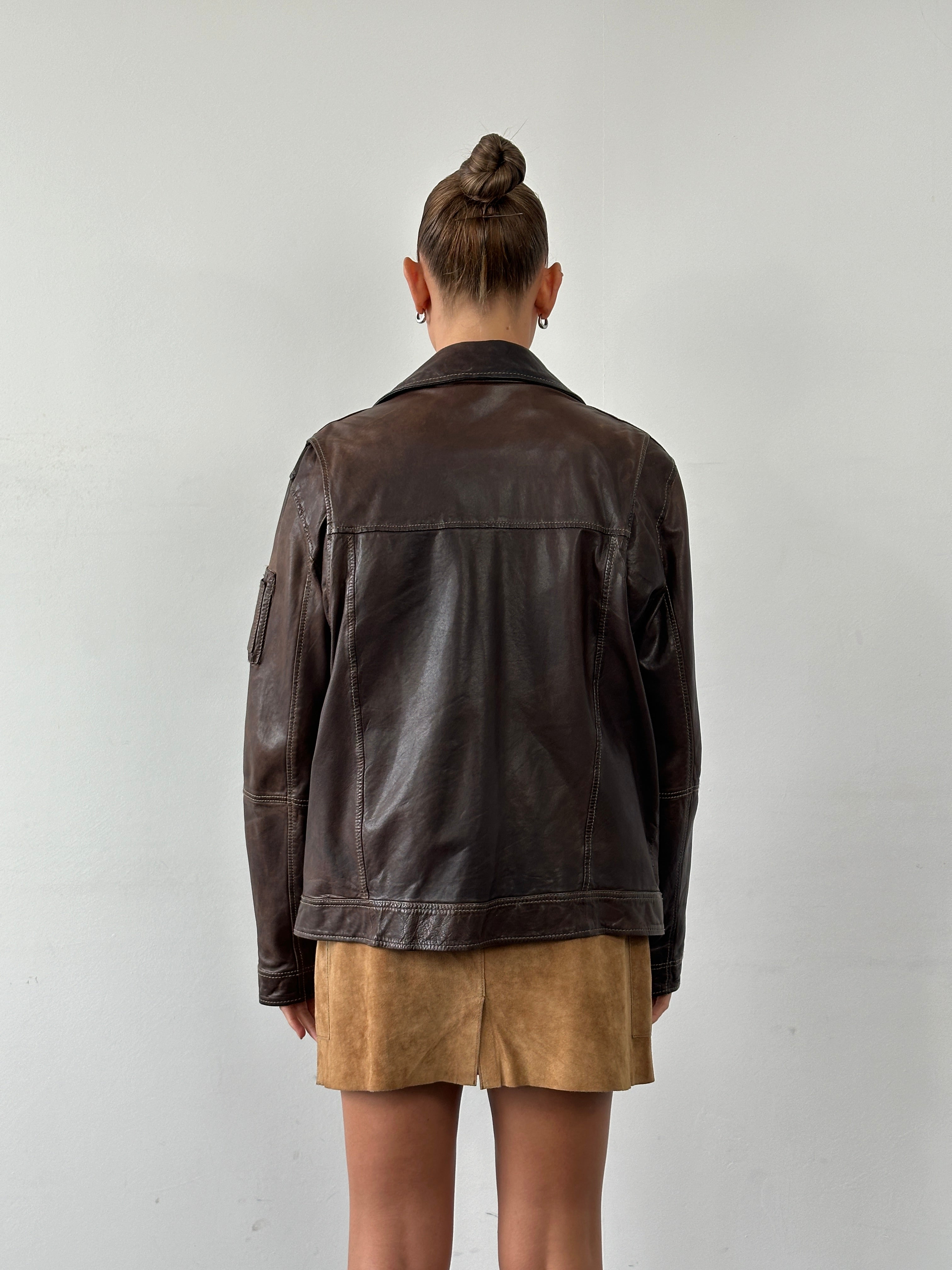 Vintage Moto aged leather jacket in size L, featuring classic motorcycle-style design and distressed brown leather.
