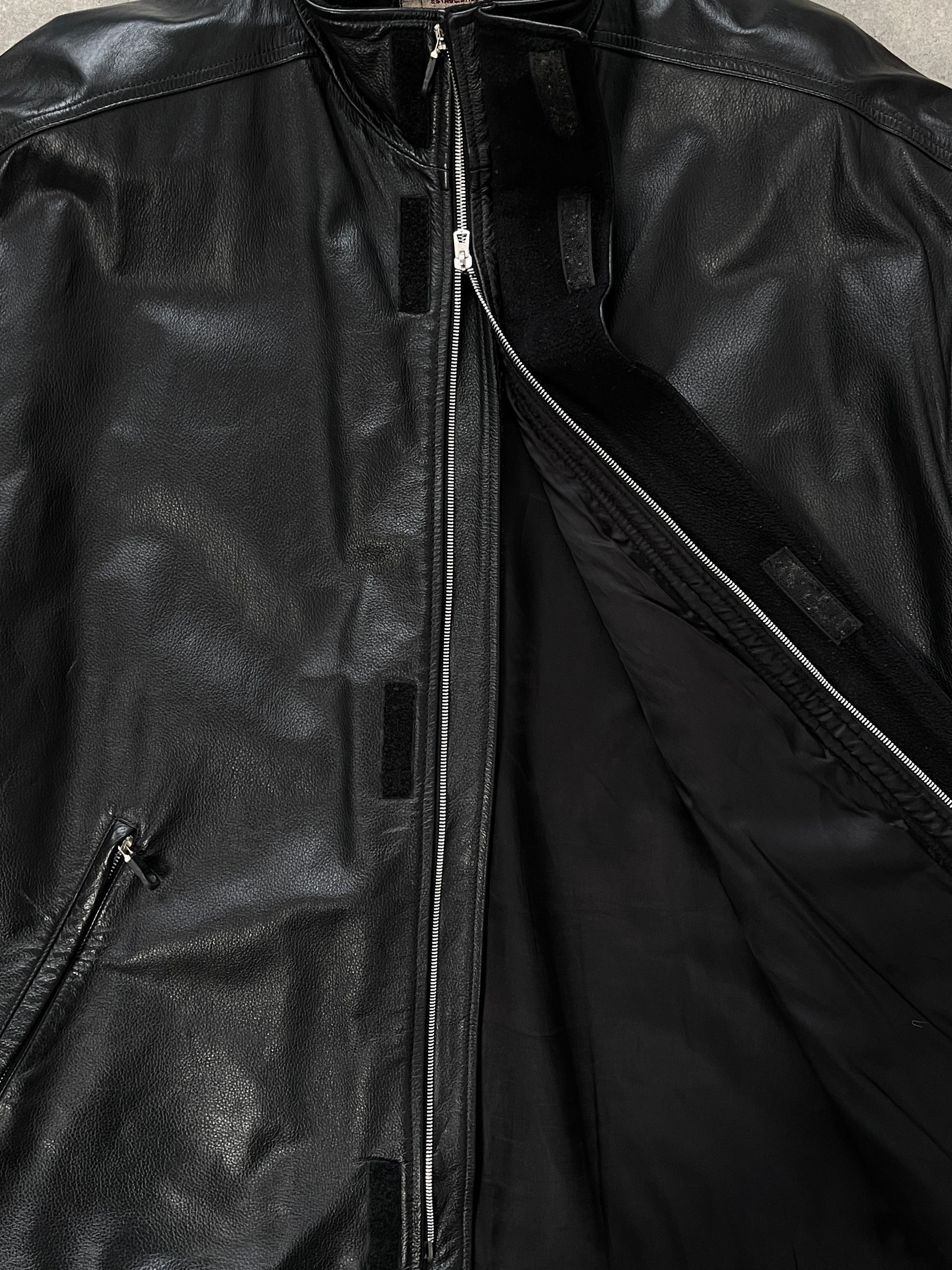 Armani Jeans black leather jacket with high neck and double zip design, displayed in XXL size.