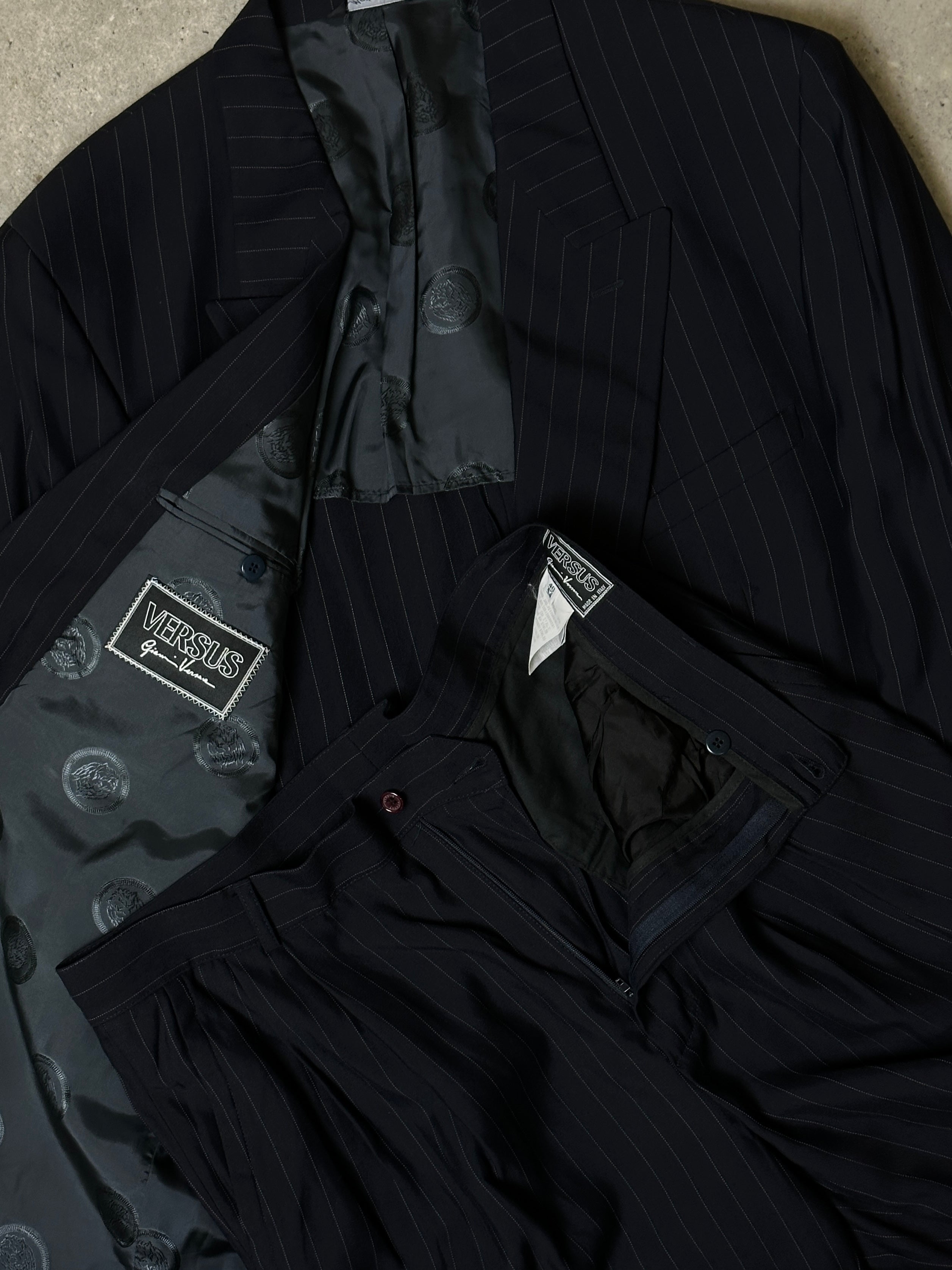 Versace Versus 1990s pinstripe bespoke double-breasted suit, 44L/W34, tailored fit with classic lapels and button details.