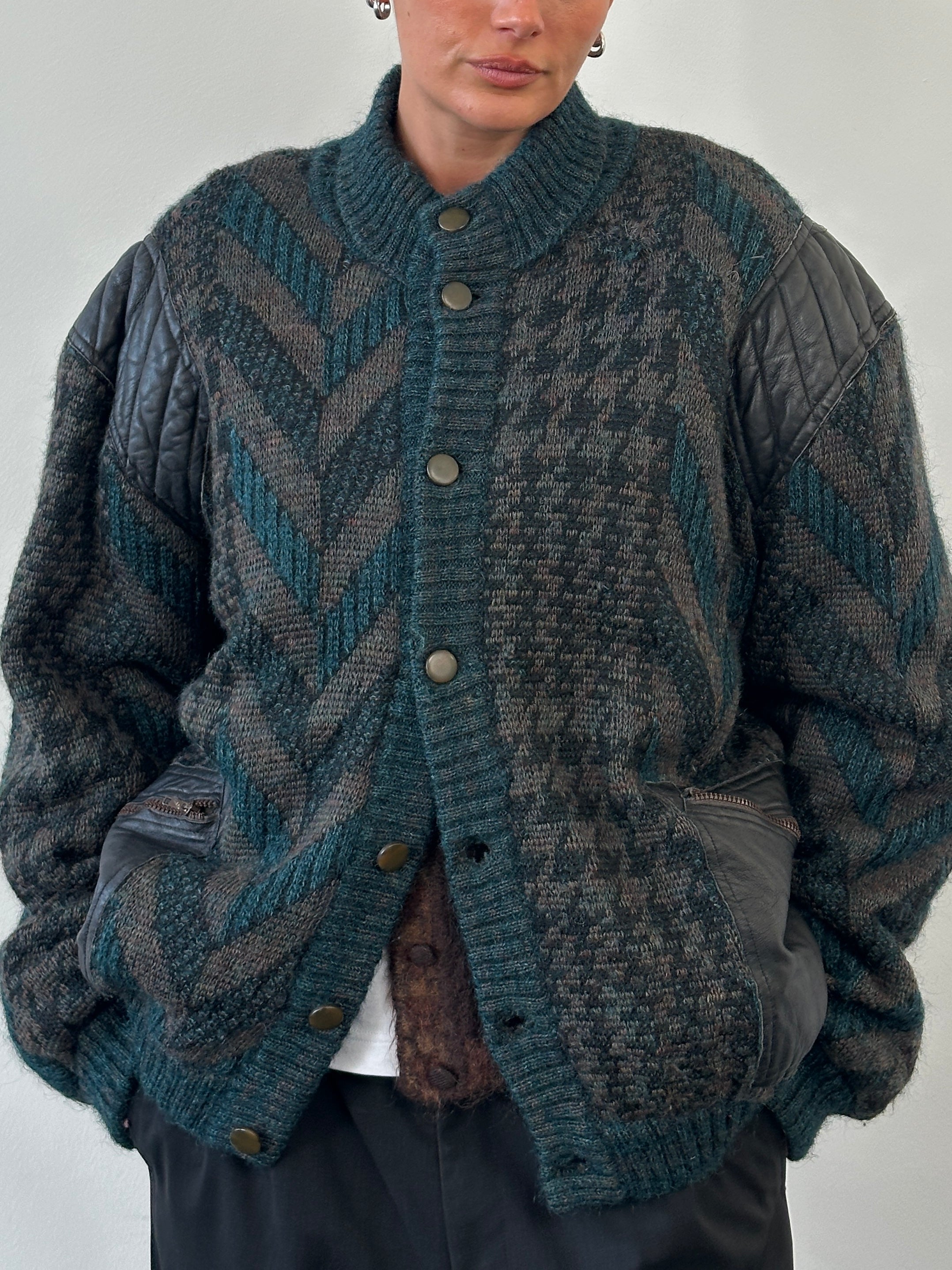 Vintage 1990s wool print knit bomber jacket in XL, featuring a colorful retro pattern and classic bomber style.