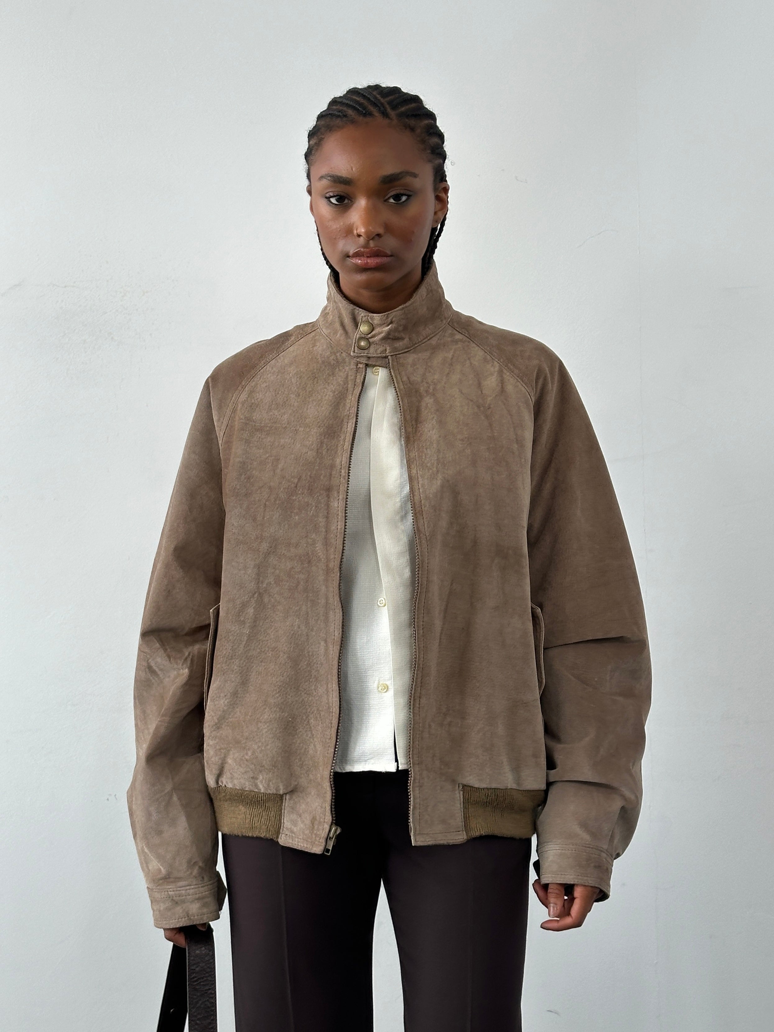 Vintage 1990s high neck suede bomber jacket in XL, showcasing its classic design and soft brown suede material.