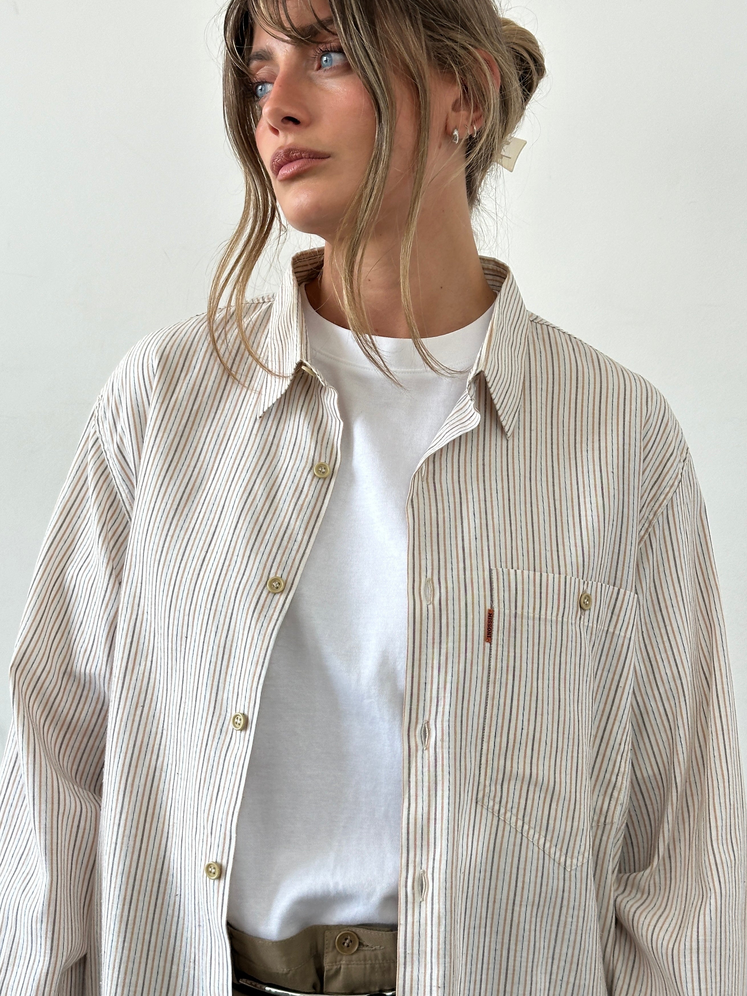 Missoni 90s cotton stripe shirt in size L/XL, featuring colorful horizontal stripes and classic button-up design.