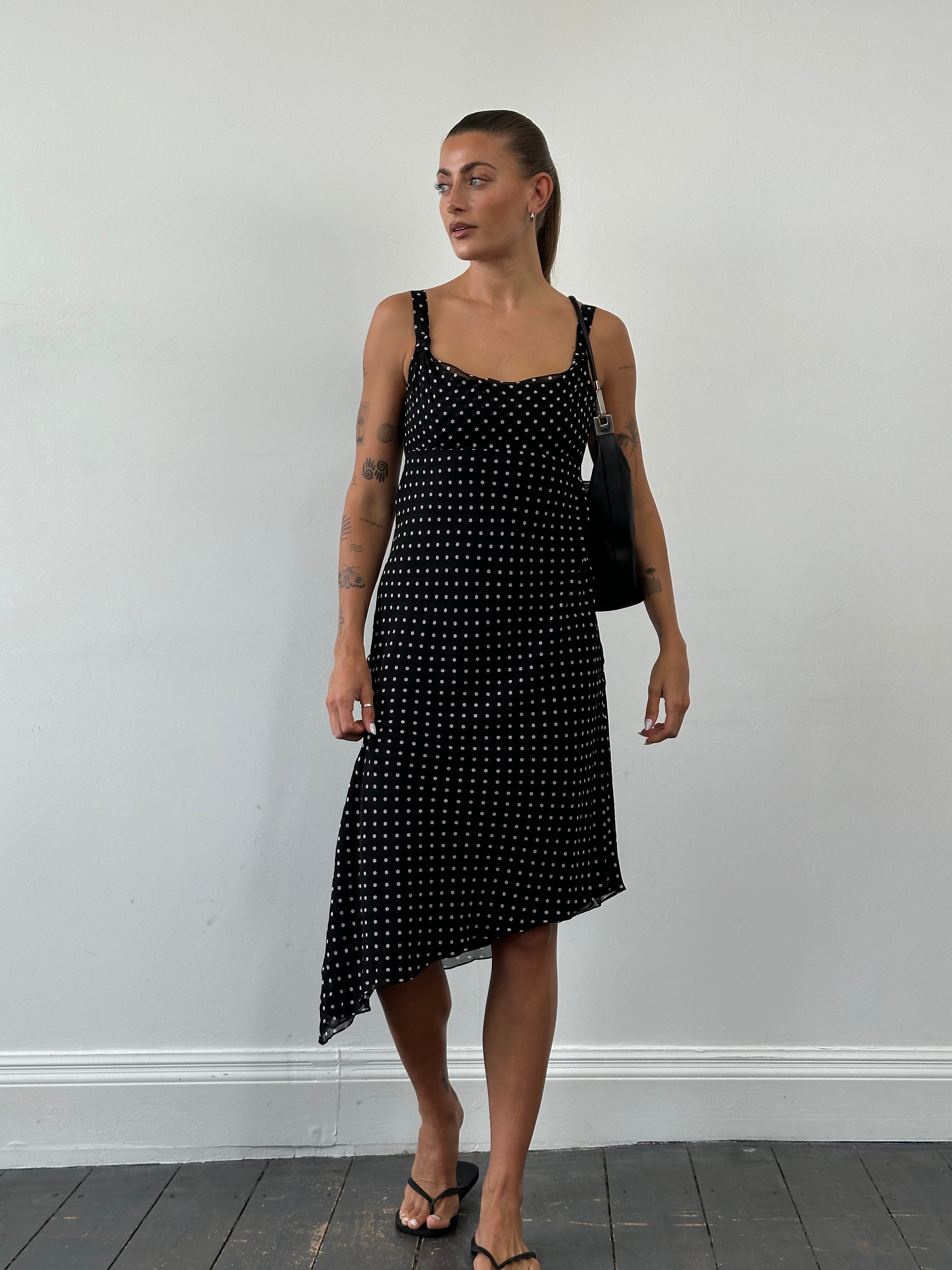 Max Mara Pianoforte 1990s pure silk polka dot asymmetric midi dress, black and white, with a stylish, flowing design.