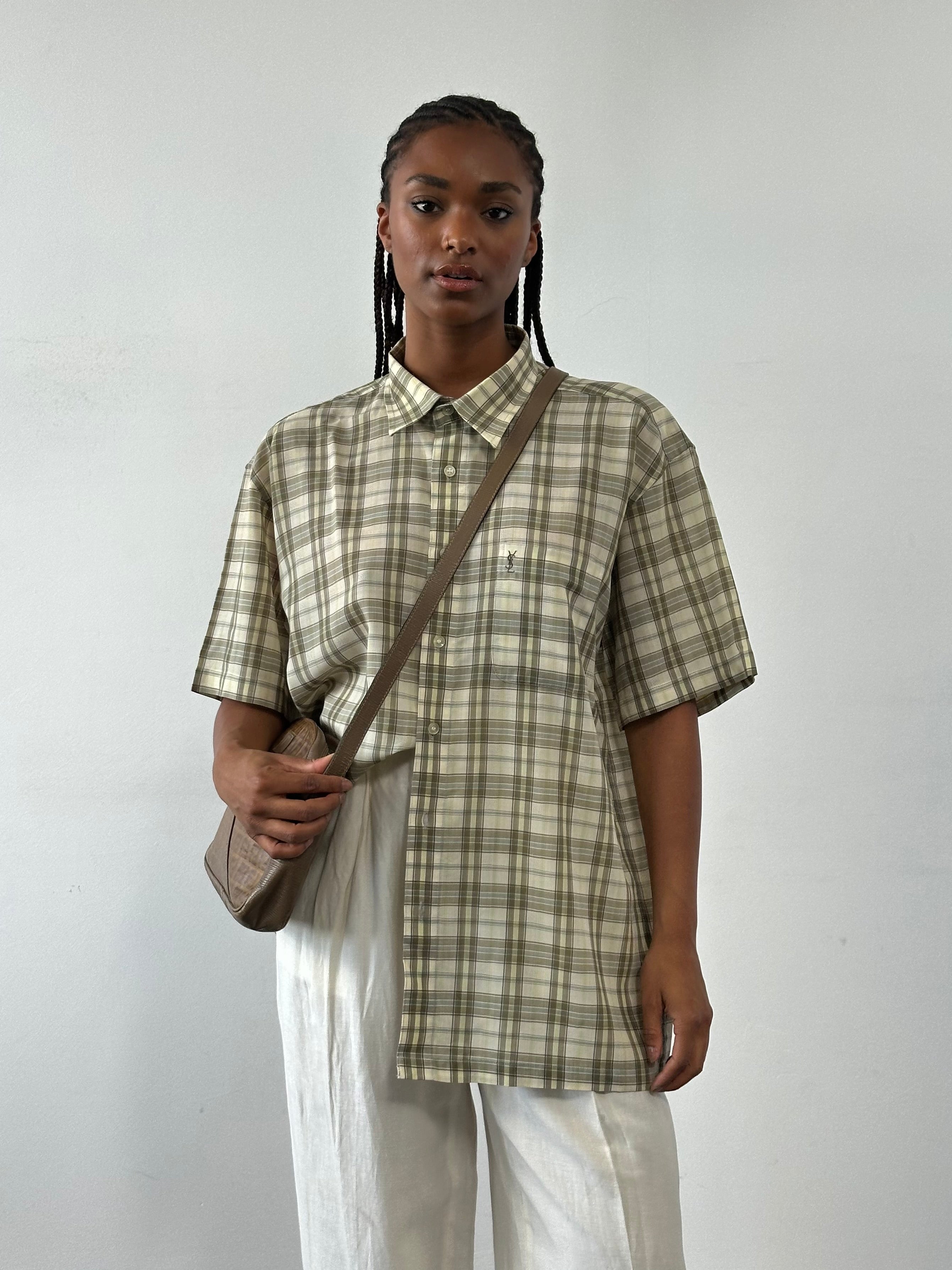 Yves Saint Laurent Pour Homme cotton check short sleeve shirt in XL with logo, featuring a classic checked pattern and button front.
