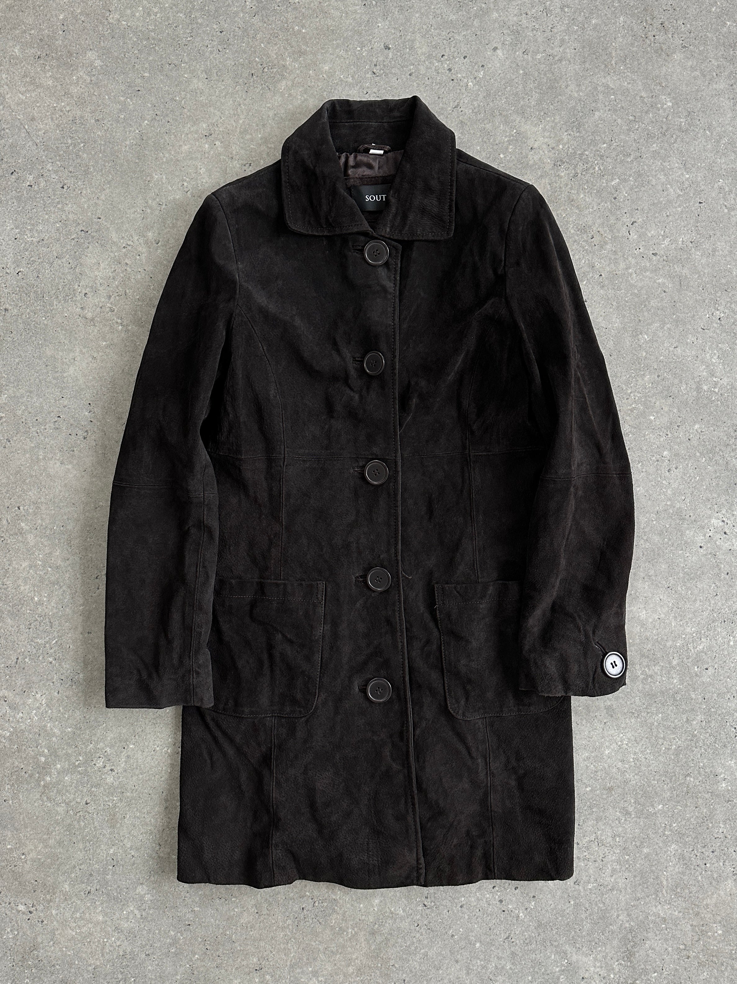 Vintage suede trench coat jacket in size small, featuring classic design and tailored fit, displayed on a neutral background.