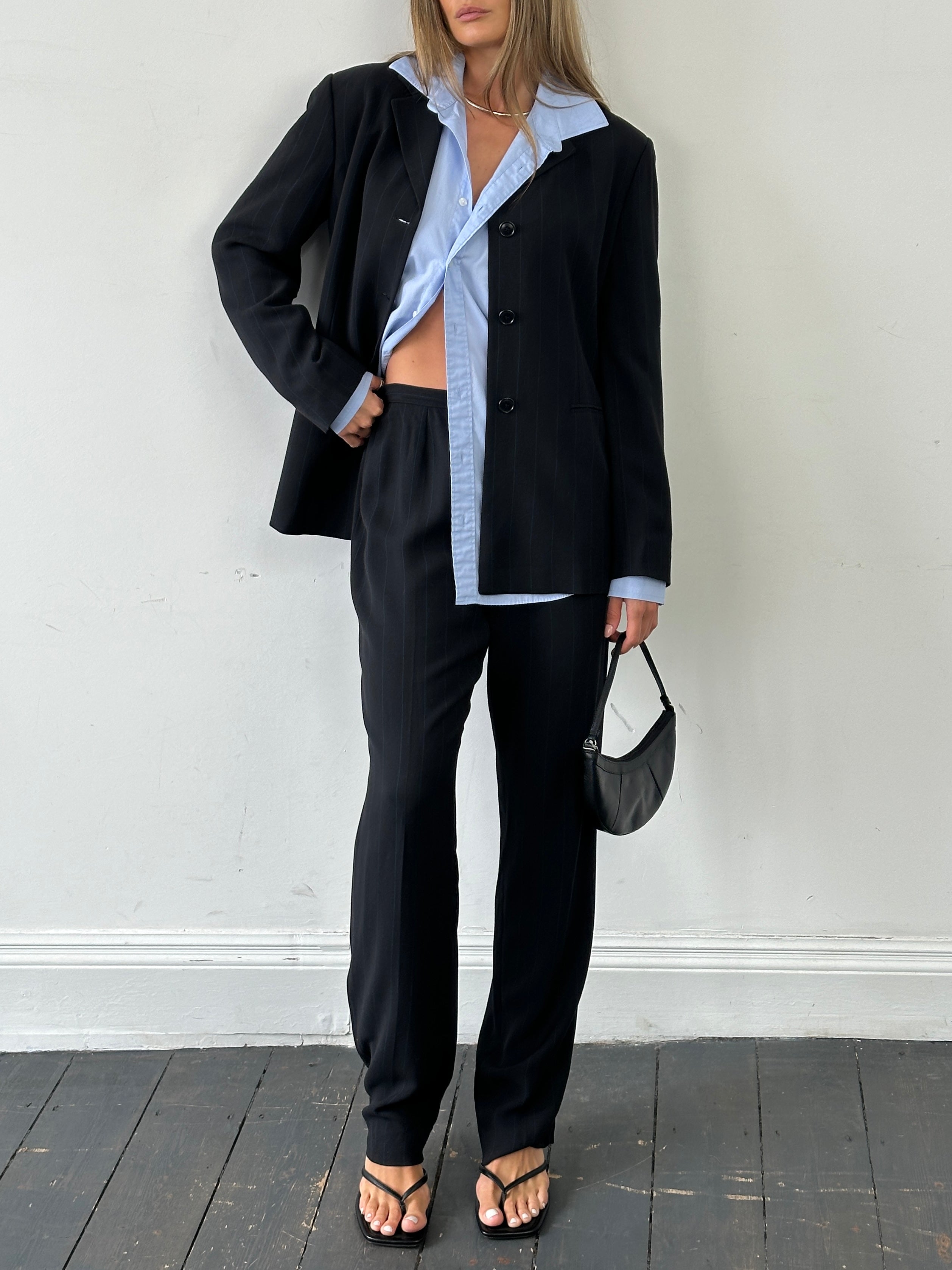 Marella Virgin Wool Blend Jumpsuit with stipe pattern, single-breasted design, in size L/W30, front view.