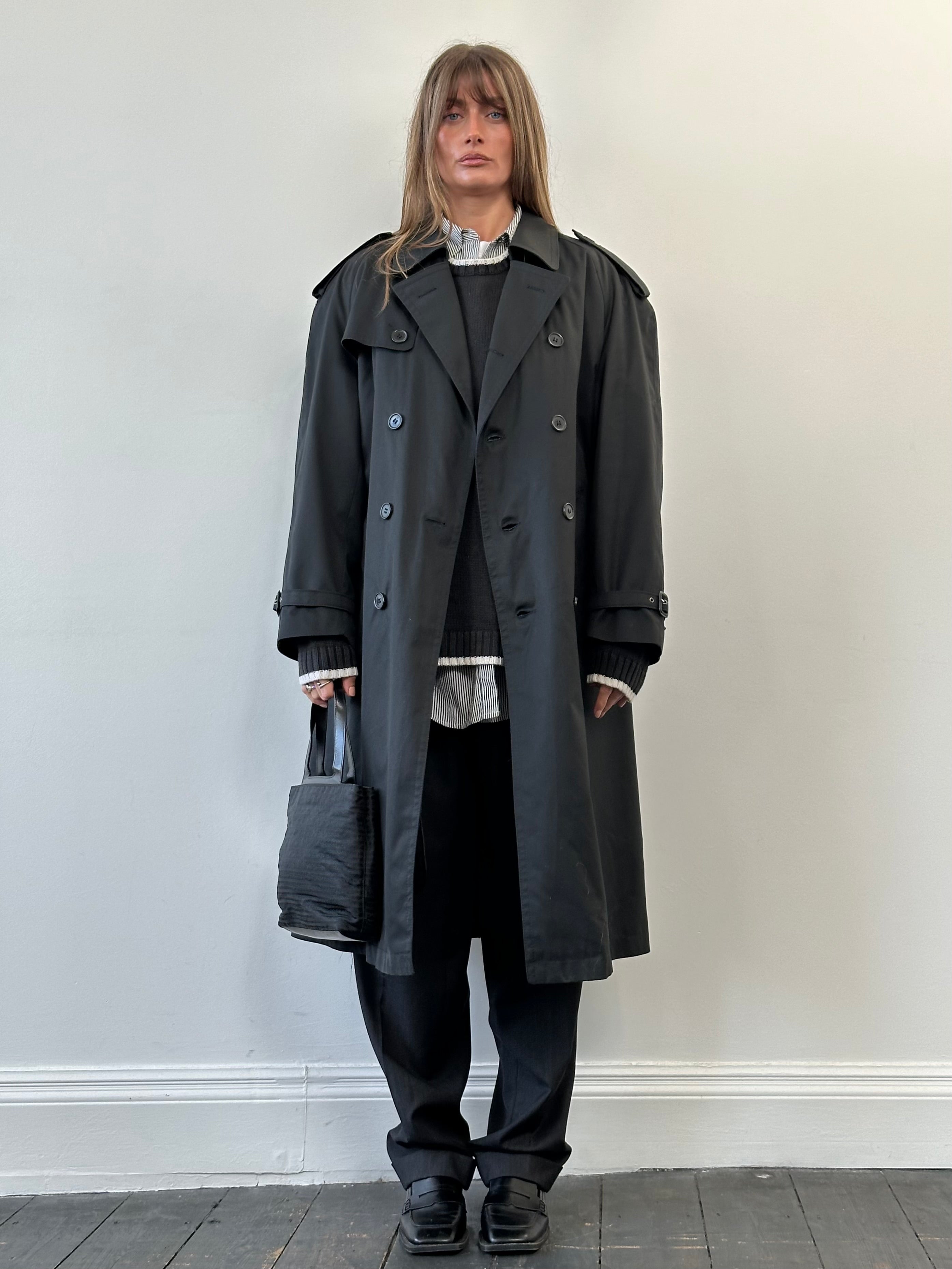 Vintage double-breasted floor-length belted trench coat in XL, featuring classic style and timeless design.