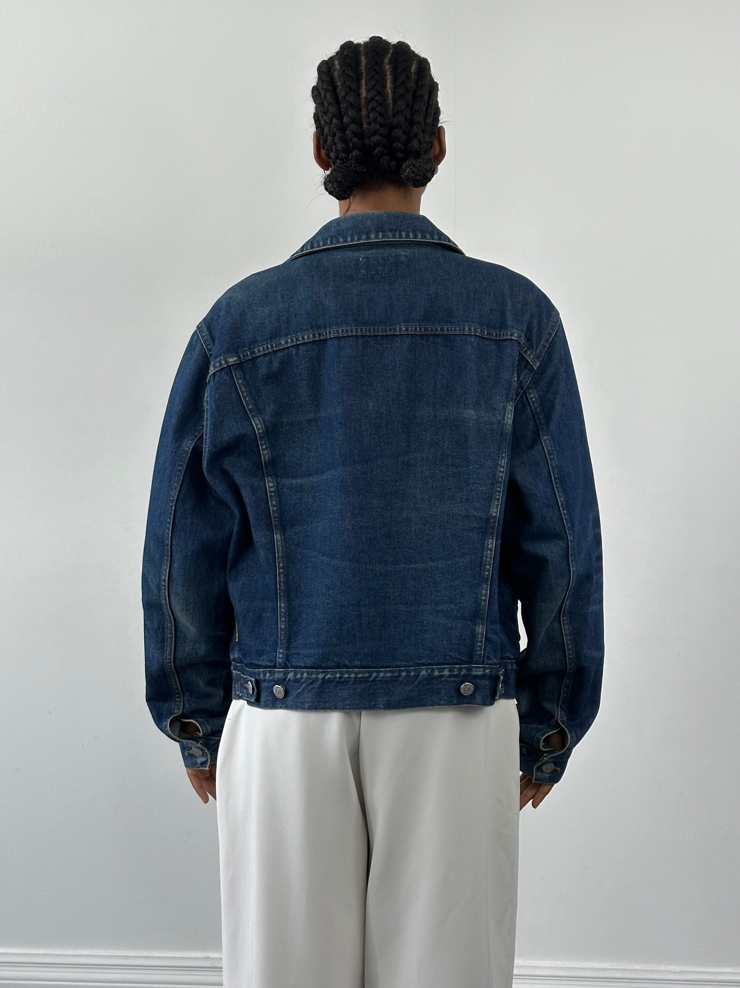Armani Jeans 1900s mid wash denim jacket, men's size M/L, featuring classic denim style and button-front design.