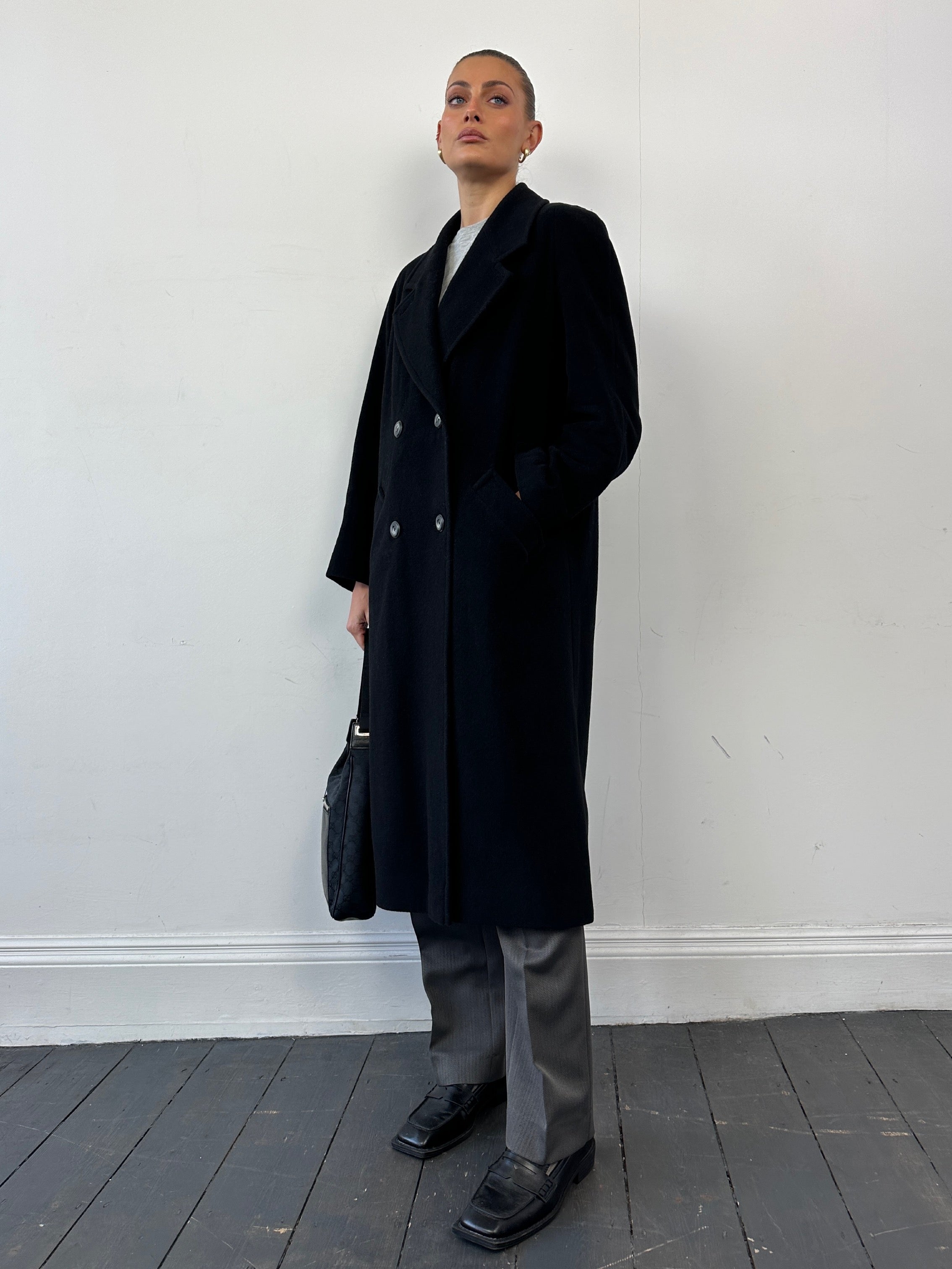Vintage wool and cashmere double-breasted coat in size small, stylish and cozy with classic design and button details.