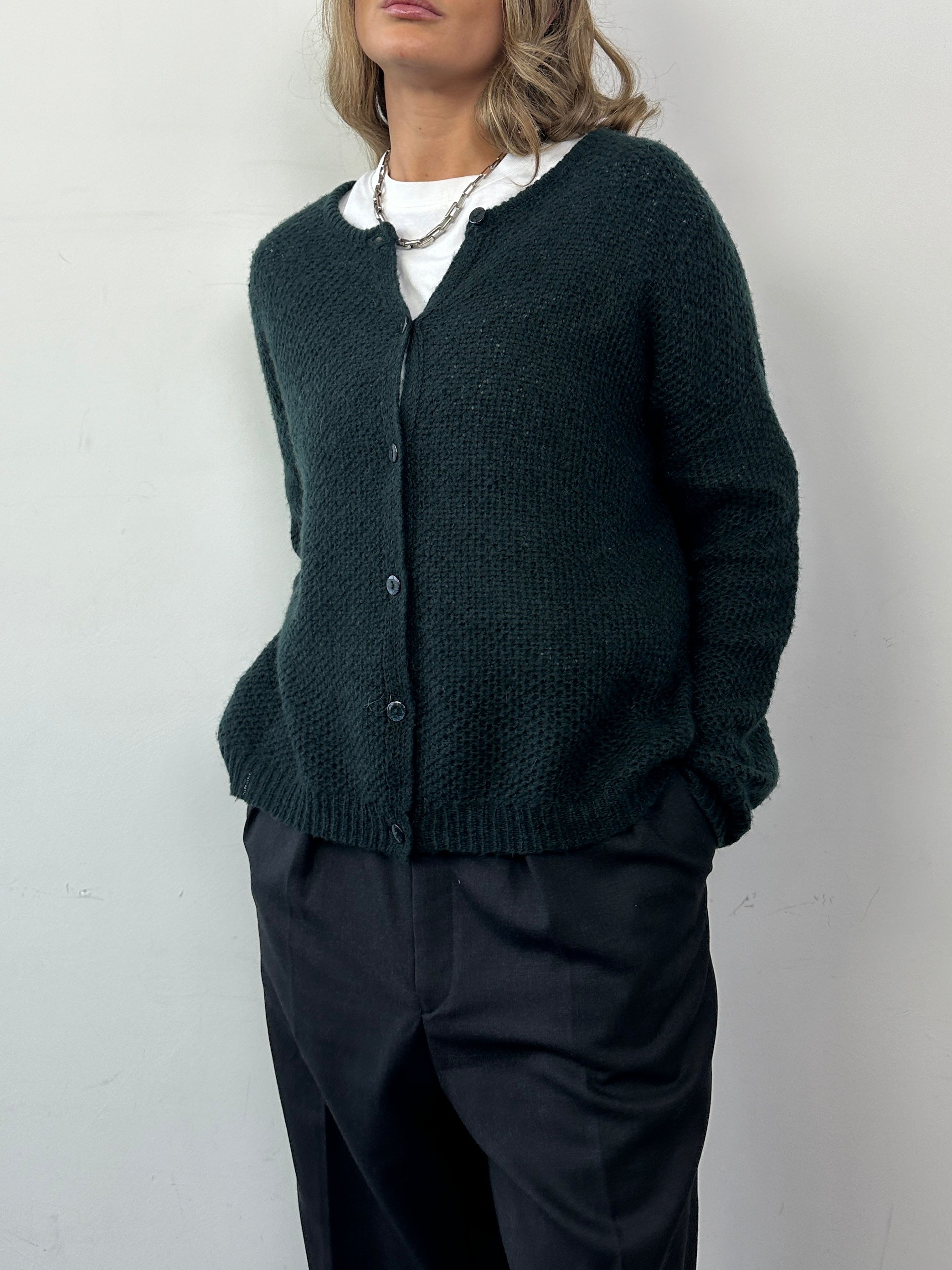 Grace & Mila wool mohair knitted cardigan in size L, featuring a cozy, textured knit with a button-up front and long sleeves.