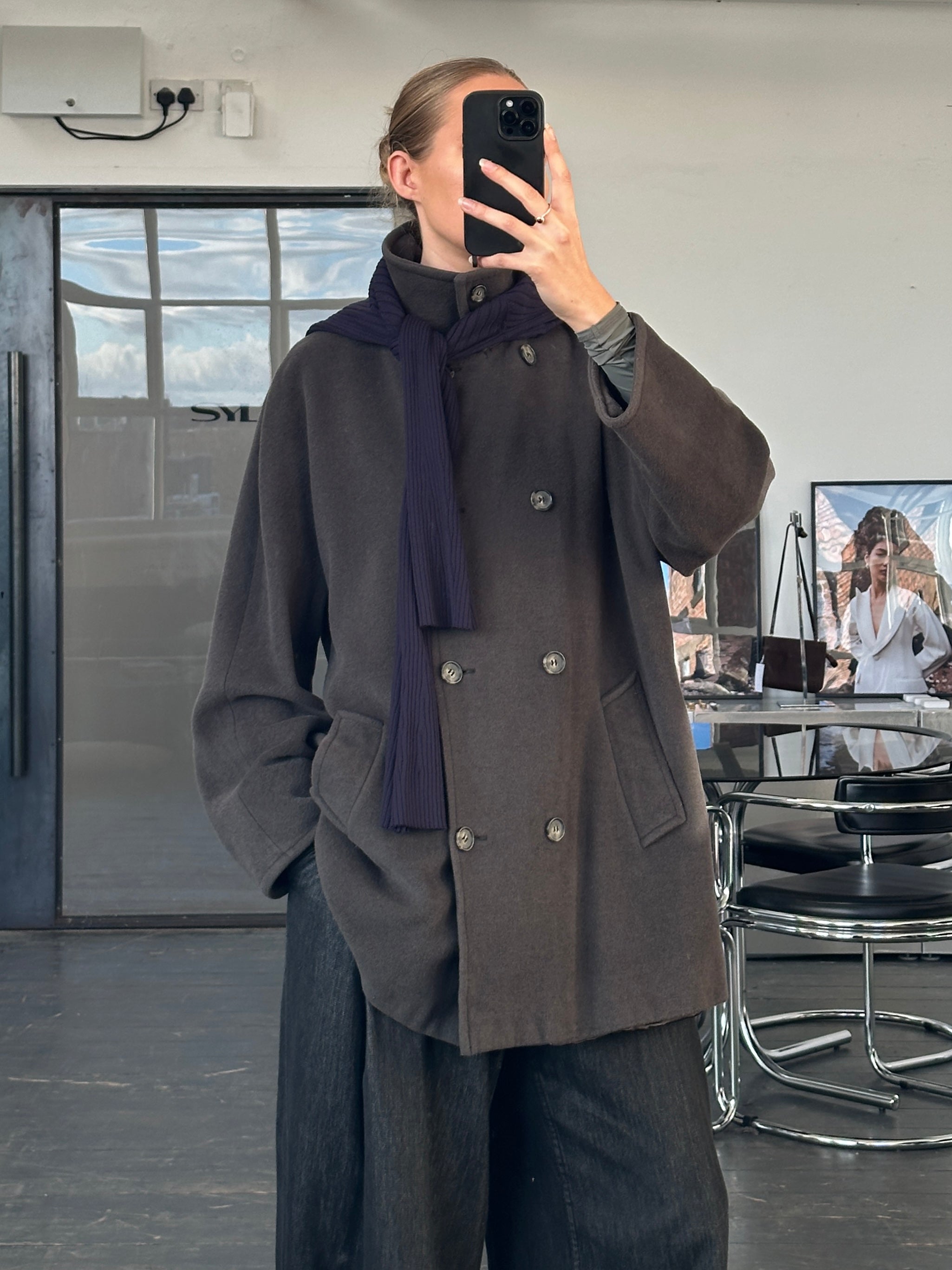 Marella 1990s virgin wool double-breasted coat in size L/XL, stylish navy blue coat with classic lapels and button closure.